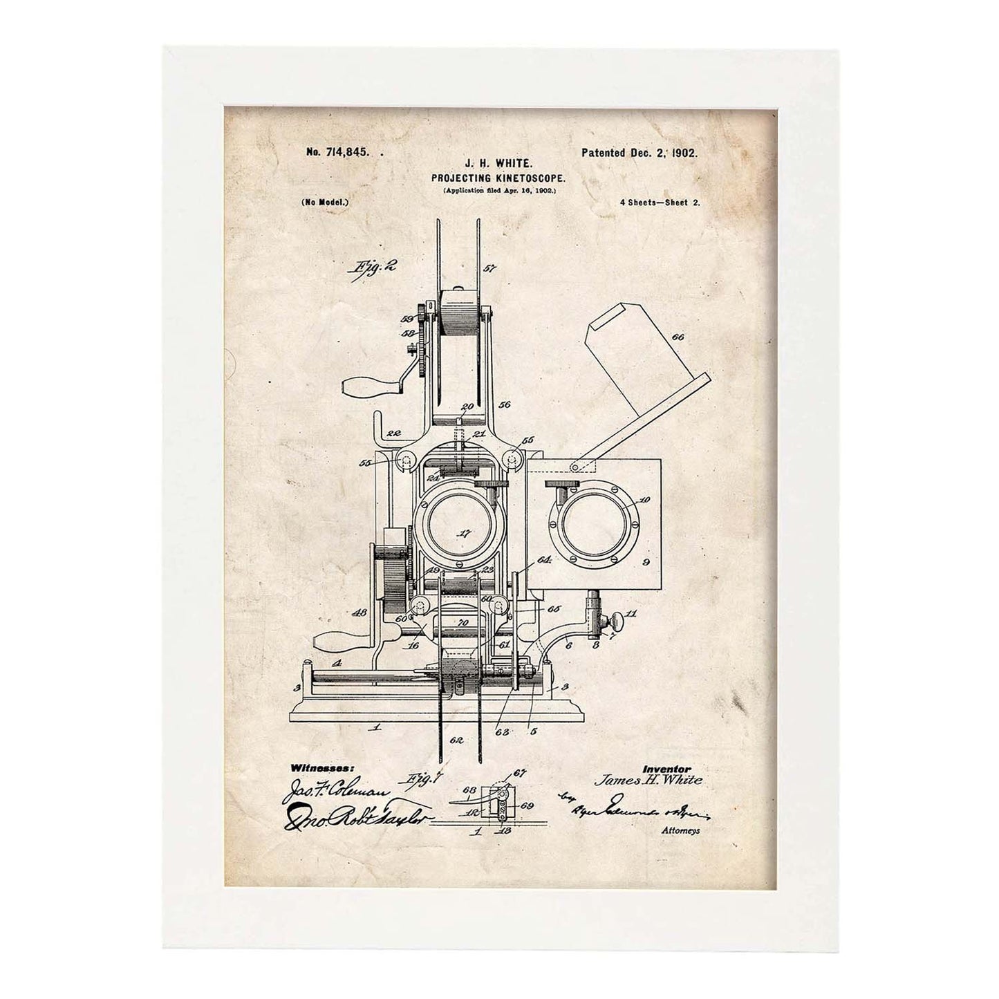 Poster con patente de Kinetoscopio 2. Lámina con diseño de patente antigua.-Artwork-Nacnic-A3-Marco Blanco-Nacnic Estudio SL