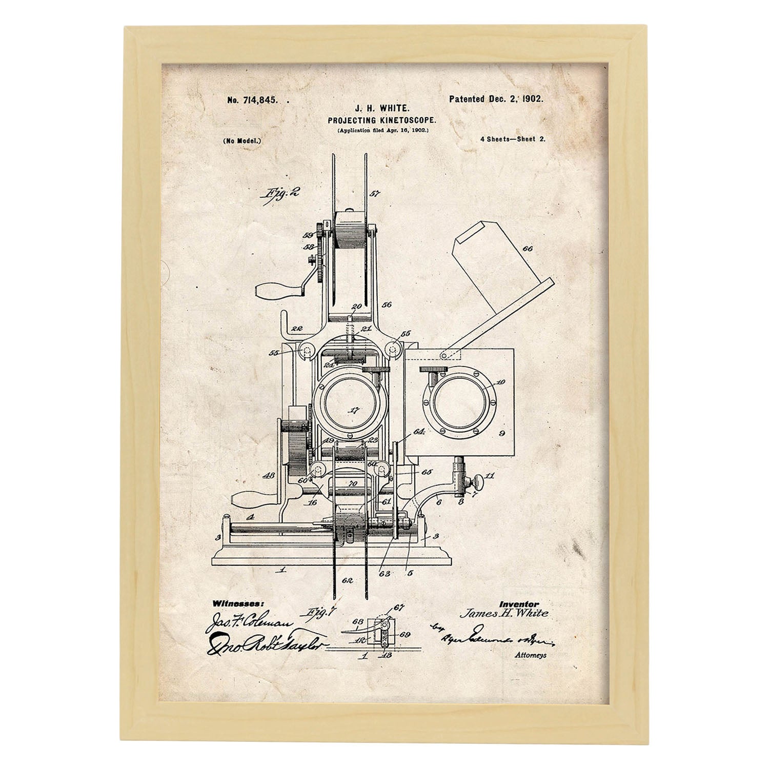Poster con patente de Kinetoscopio 2. Lámina con diseño de patente antigua.-Artwork-Nacnic-A3-Marco Madera clara-Nacnic Estudio SL
