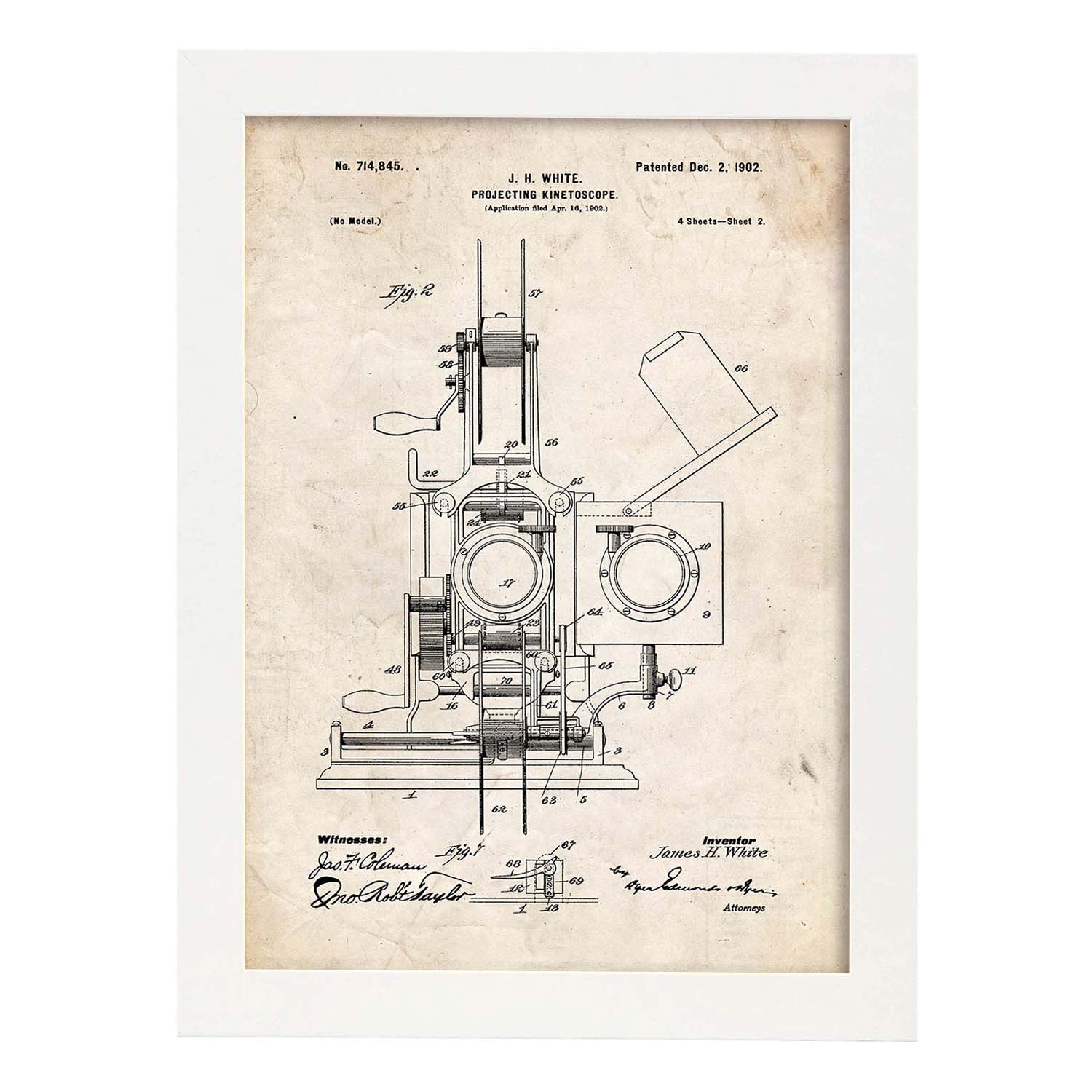 Poster con patente de Kinetoscopio 2. Lámina con diseño de patente antigua.-Artwork-Nacnic-A4-Marco Blanco-Nacnic Estudio SL
