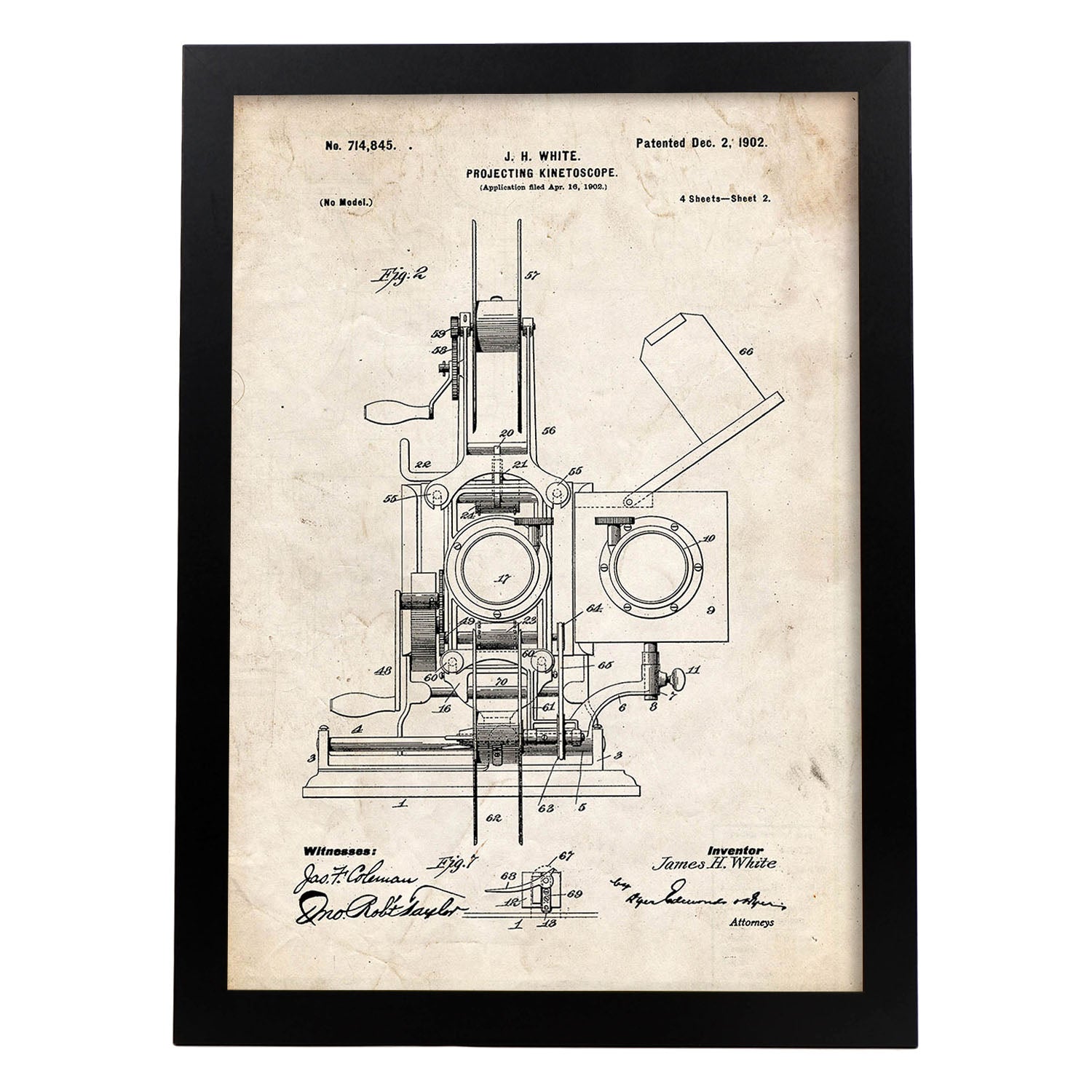 Poster con patente de Kinetoscopio 2. Lámina con diseño de patente antigua.-Artwork-Nacnic-A4-Marco Negro-Nacnic Estudio SL