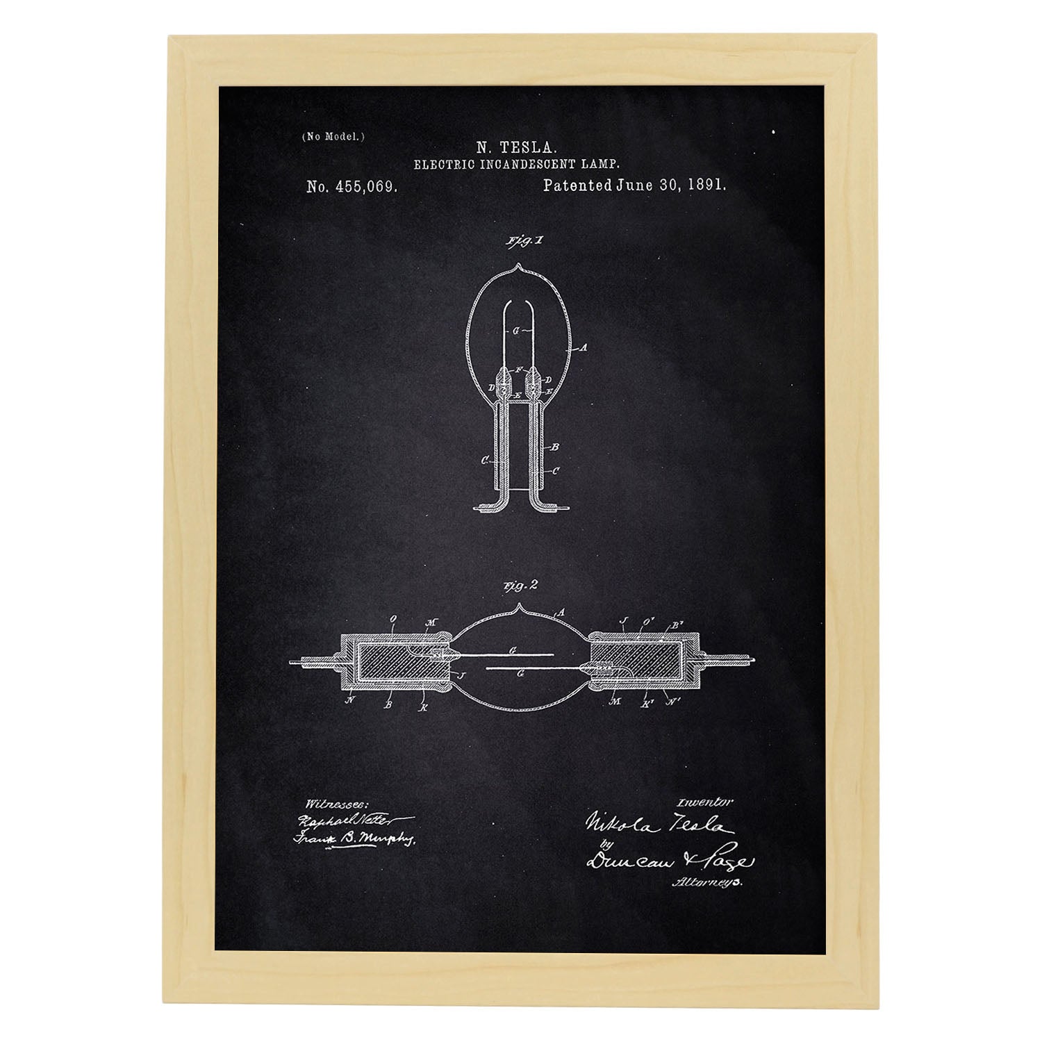 Poster con patente de Lampara incandescente. Lámina con diseño de patente antigua-Artwork-Nacnic-A3-Marco Madera clara-Nacnic Estudio SL