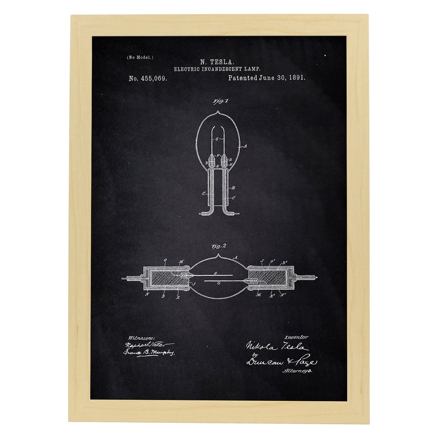 Poster con patente de Lampara incandescente. Lámina con diseño de patente antigua-Artwork-Nacnic-A4-Marco Madera clara-Nacnic Estudio SL