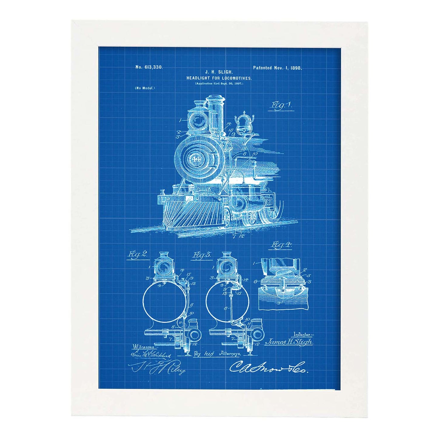 Poster con patente de Lampara para locomotoras. Lámina con diseño de patente antigua-Artwork-Nacnic-A3-Marco Blanco-Nacnic Estudio SL
