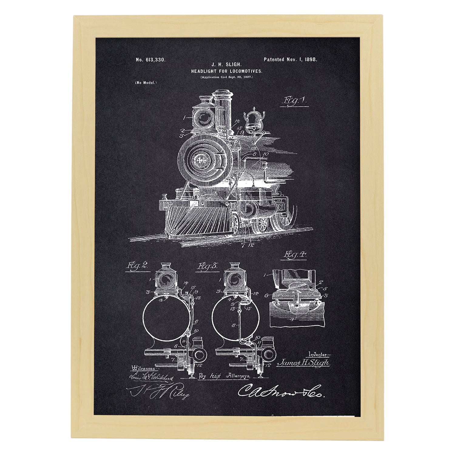 Poster con patente de Lampara para locomotoras. Lámina con diseño de patente antigua-Artwork-Nacnic-A3-Marco Madera clara-Nacnic Estudio SL