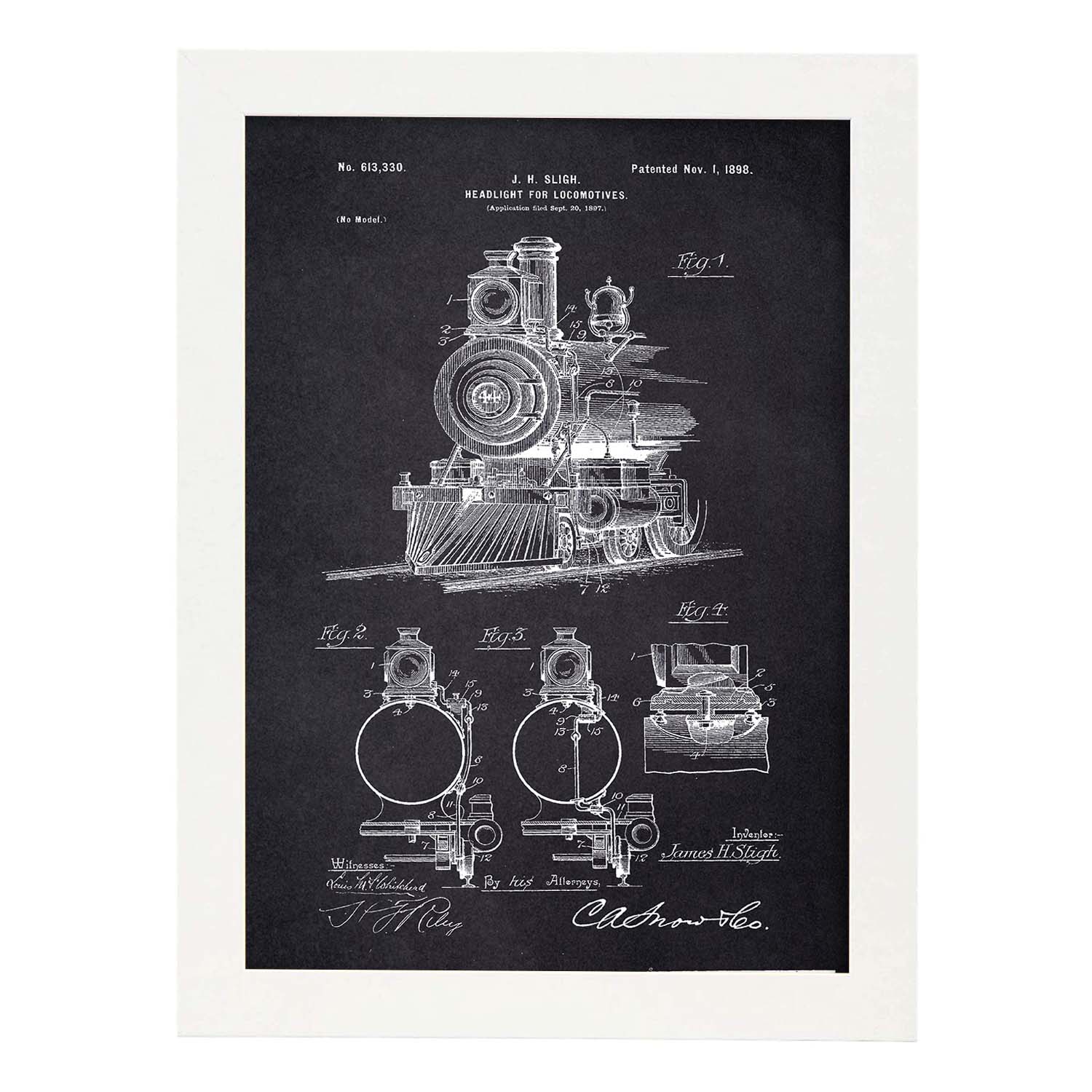 Poster con patente de Lampara para locomotoras. Lámina con diseño de patente antigua-Artwork-Nacnic-A4-Marco Blanco-Nacnic Estudio SL