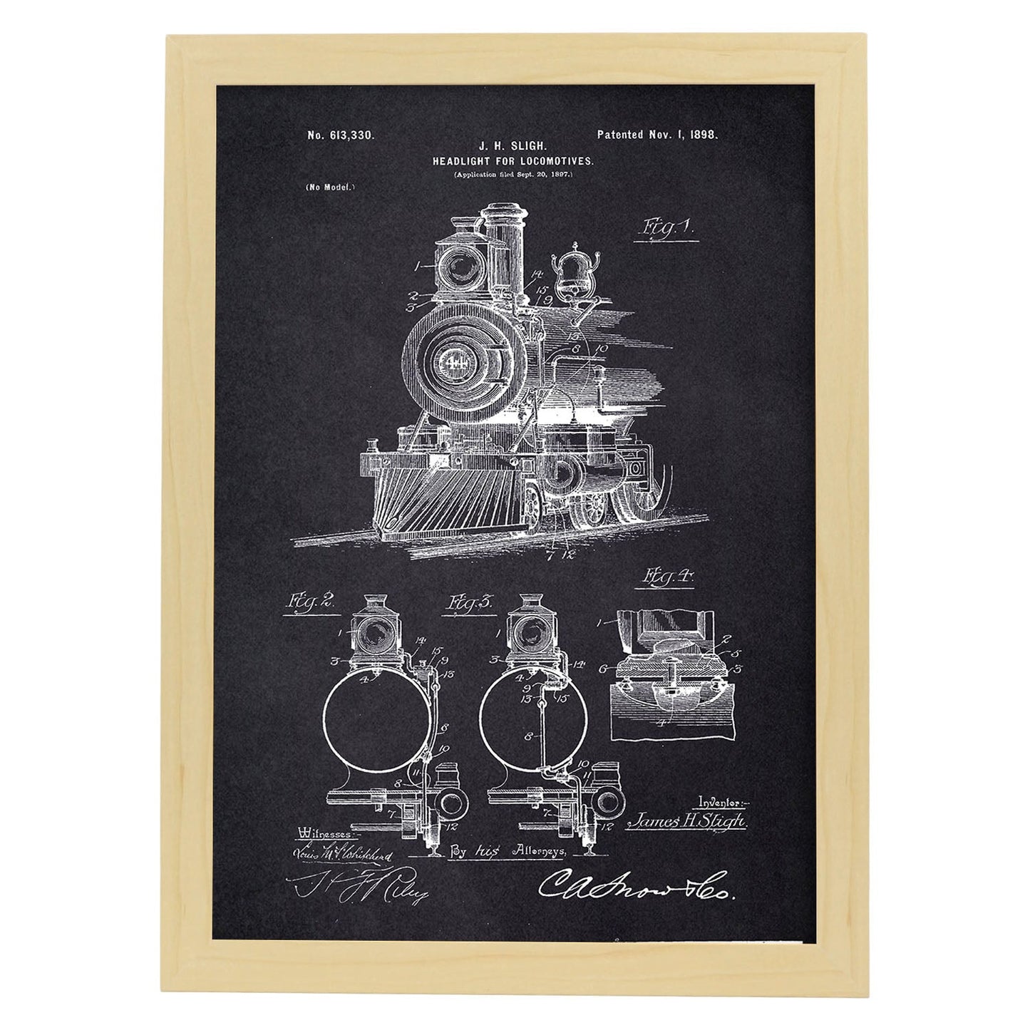 Poster con patente de Lampara para locomotoras. Lámina con diseño de patente antigua-Artwork-Nacnic-A4-Marco Madera clara-Nacnic Estudio SL