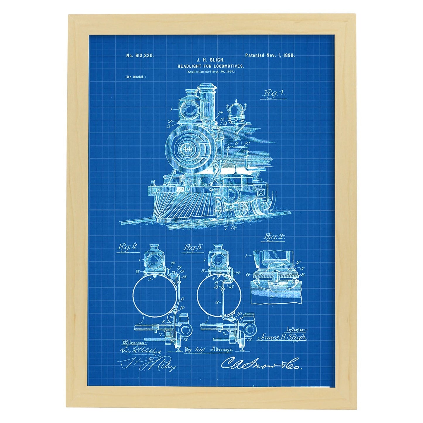Poster con patente de Lampara para locomotoras. Lámina con diseño de patente antigua-Artwork-Nacnic-A4-Marco Madera clara-Nacnic Estudio SL