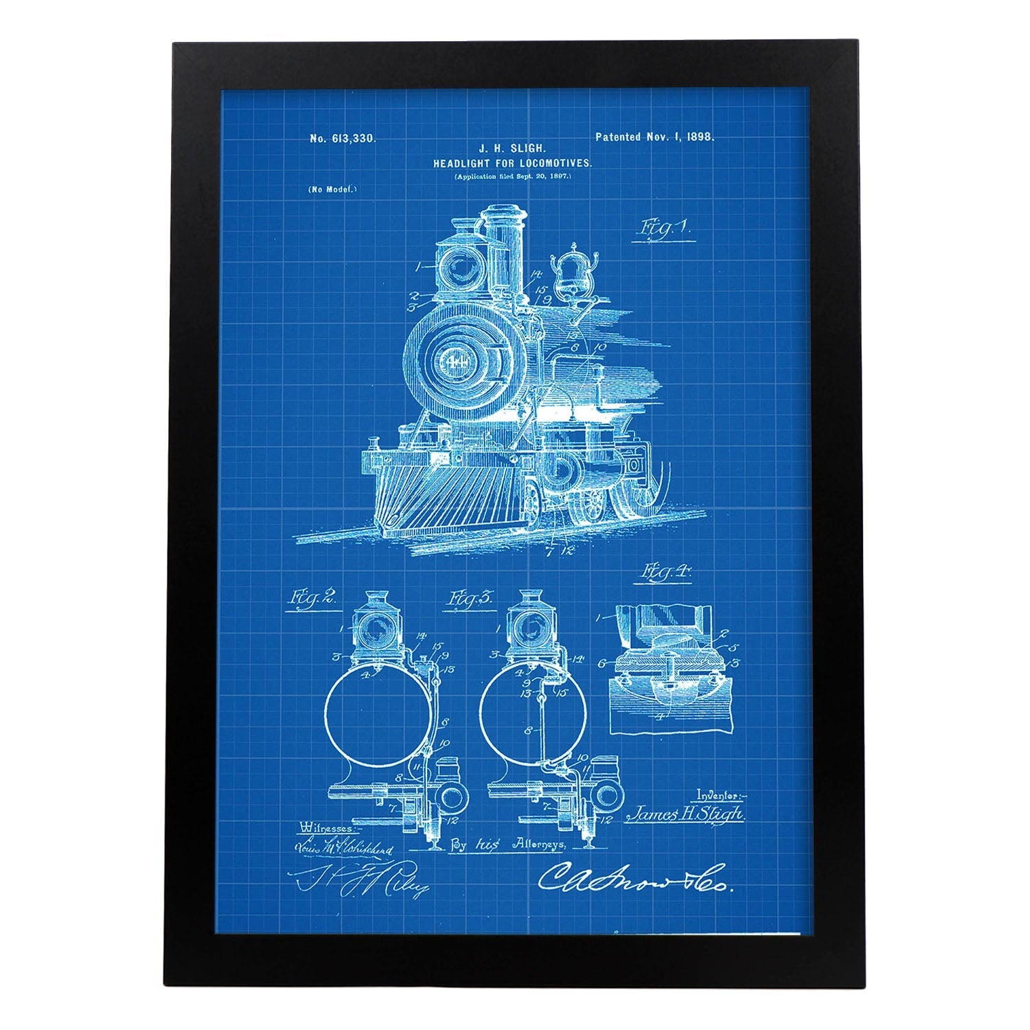 Poster con patente de Lampara para locomotoras. Lámina con diseño de patente antigua-Artwork-Nacnic-A4-Marco Negro-Nacnic Estudio SL