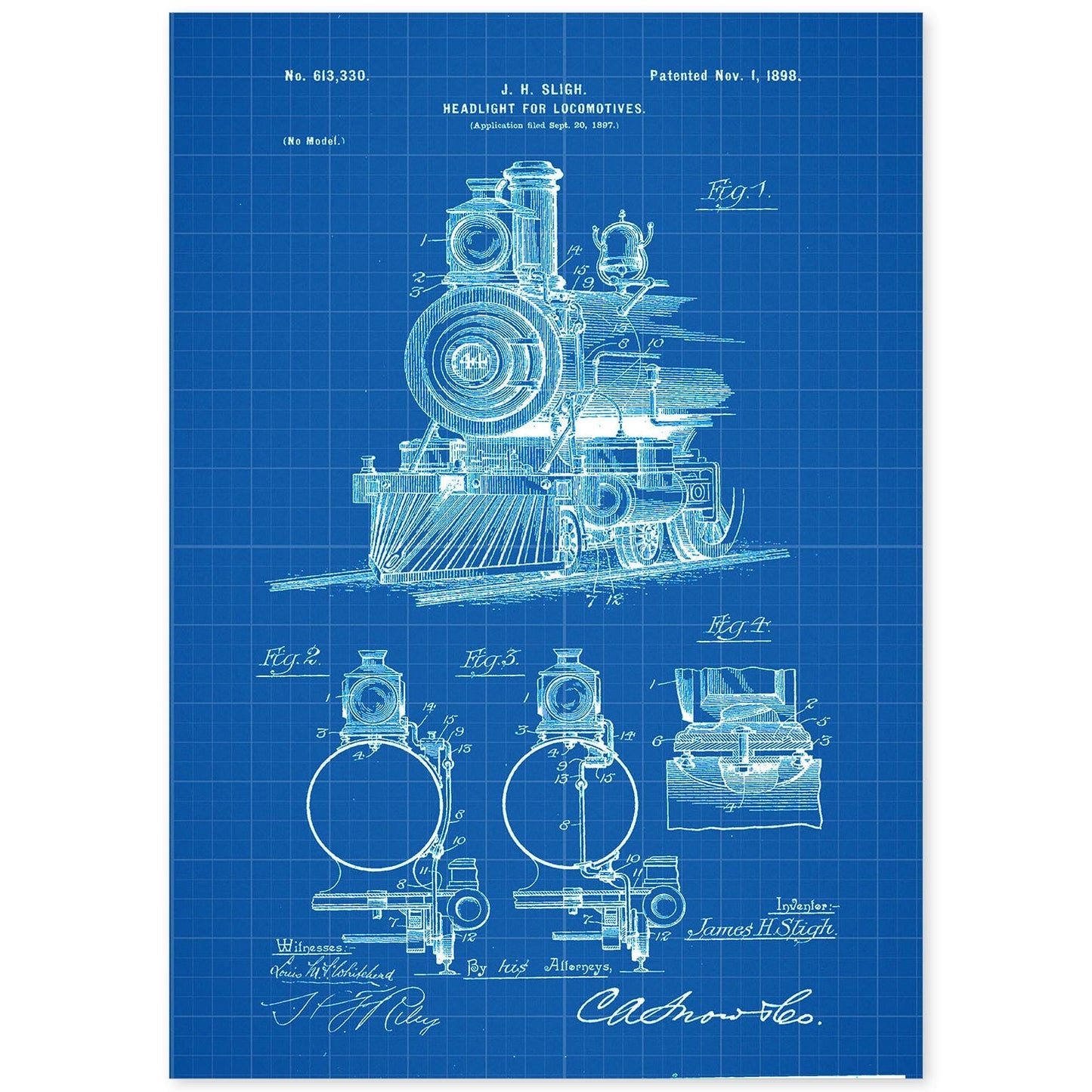 Poster con patente de Lampara para locomotoras. Lámina con diseño de patente antigua-Artwork-Nacnic-A4-Sin marco-Nacnic Estudio SL