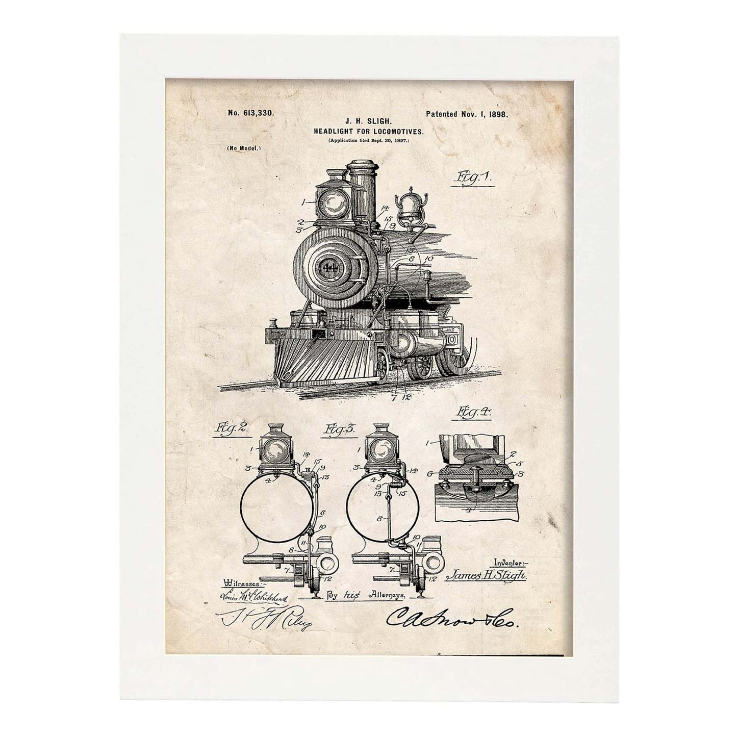 Poster con patente de Lampara para locomotoras. Lámina con diseño de patente antigua.-Artwork-Nacnic-A3-Marco Blanco-Nacnic Estudio SL