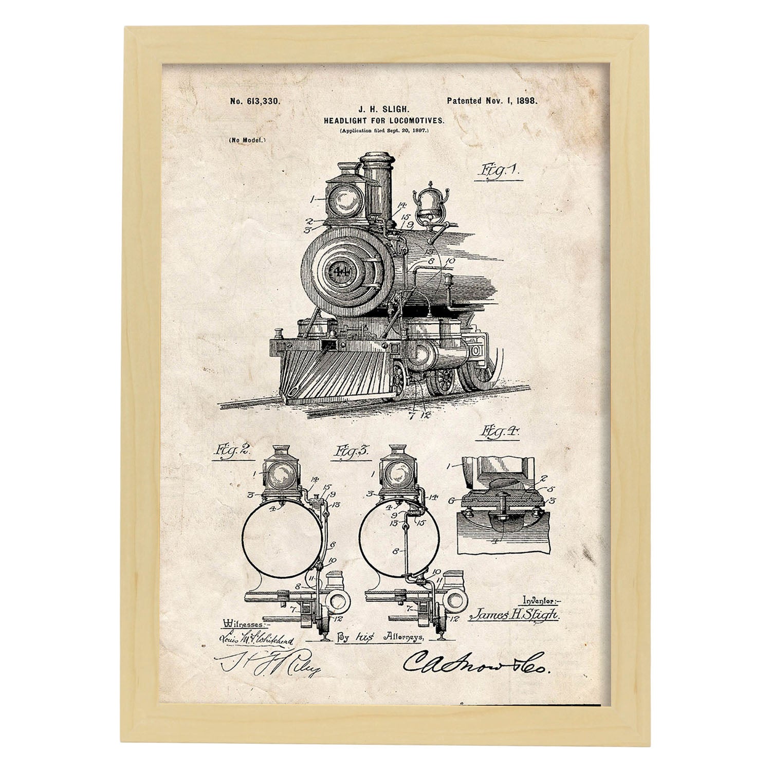 Poster con patente de Lampara para locomotoras. Lámina con diseño de patente antigua.-Artwork-Nacnic-A3-Marco Madera clara-Nacnic Estudio SL