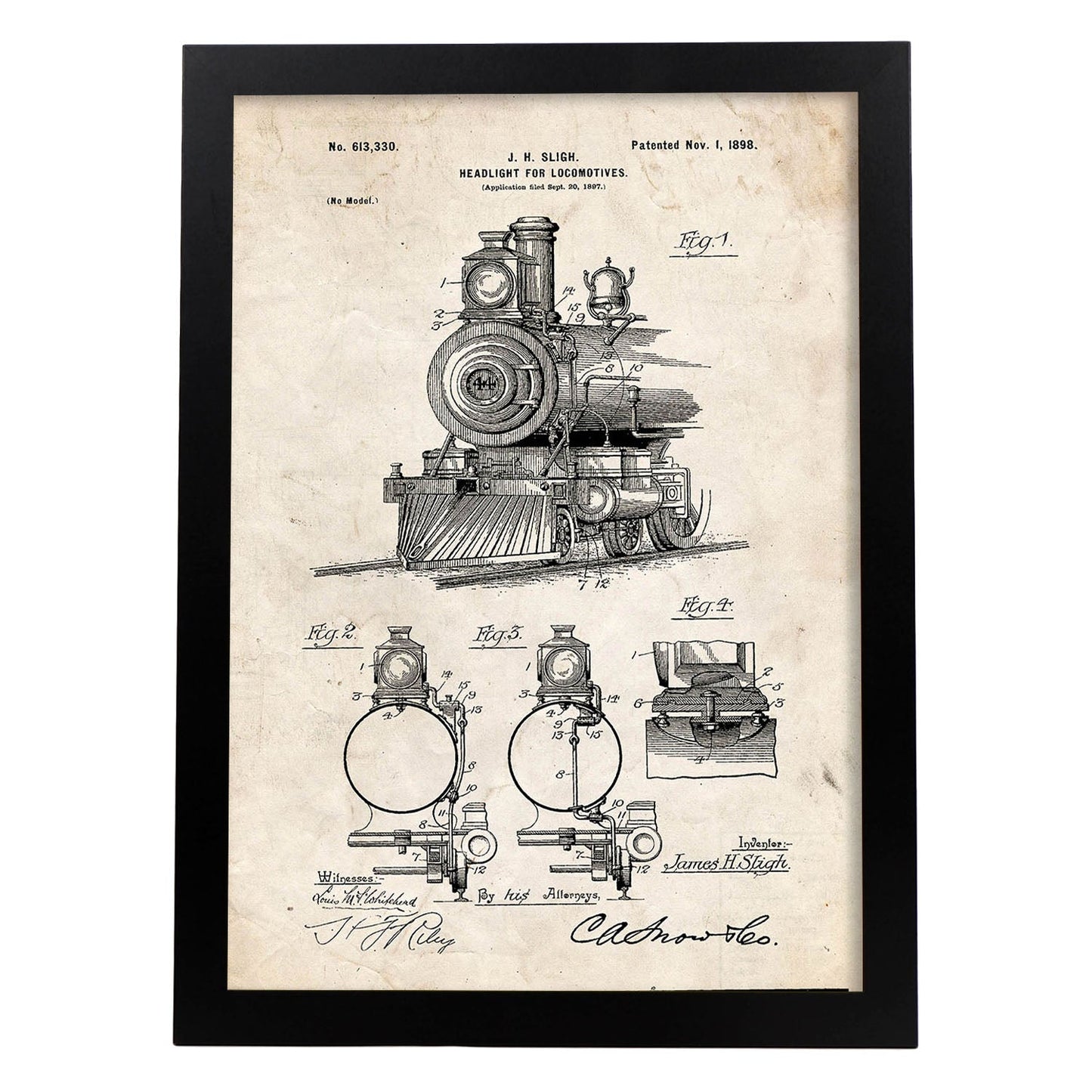 Poster con patente de Lampara para locomotoras. Lámina con diseño de patente antigua.-Artwork-Nacnic-A3-Marco Negro-Nacnic Estudio SL