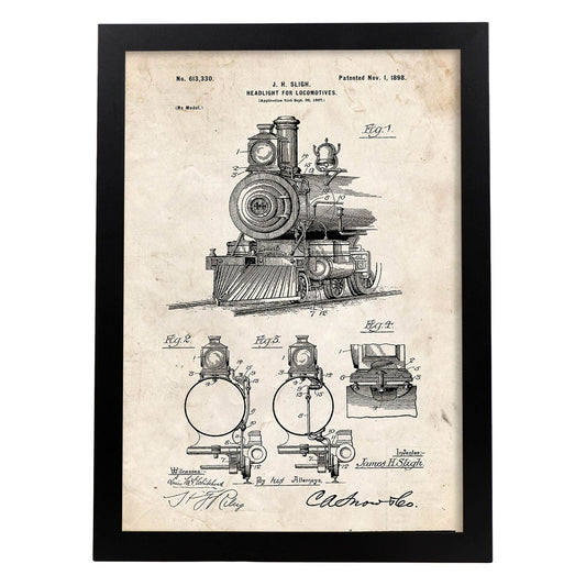 Poster con patente de Lampara para locomotoras. Lámina con diseño de patente antigua.-Artwork-Nacnic-A4-Marco Negro-Nacnic Estudio SL