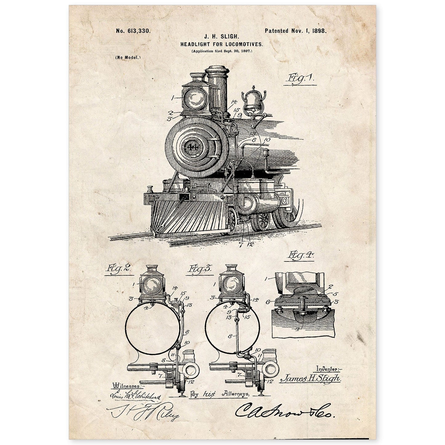 Poster con patente de Lampara para locomotoras. Lámina con diseño de patente antigua.-Artwork-Nacnic-A4-Sin marco-Nacnic Estudio SL