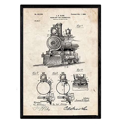 Poster con patente de Lampara para locomotoras. Lámina con diseño de patente antigua.-Artwork-Nacnic-Nacnic Estudio SL