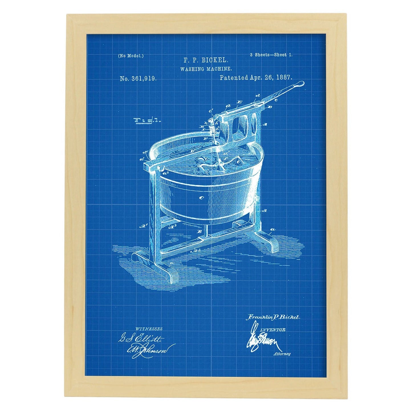 Poster con patente de Lavadora. Lámina con diseño de patente antigua-Artwork-Nacnic-A3-Marco Madera clara-Nacnic Estudio SL