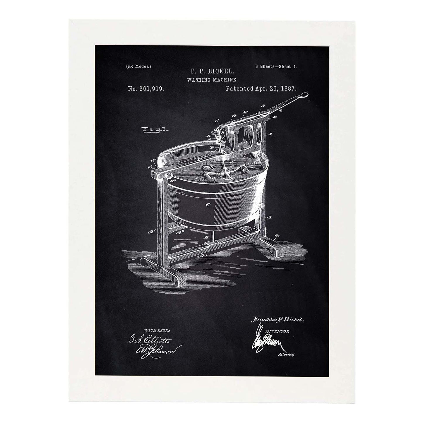 Poster con patente de Lavadora. Lámina con diseño de patente antigua-Artwork-Nacnic-A4-Marco Blanco-Nacnic Estudio SL