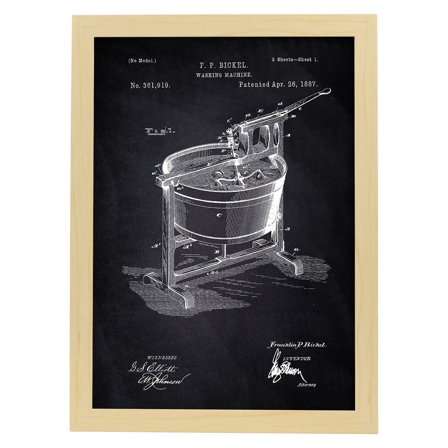 Poster con patente de Lavadora. Lámina con diseño de patente antigua-Artwork-Nacnic-A4-Marco Madera clara-Nacnic Estudio SL
