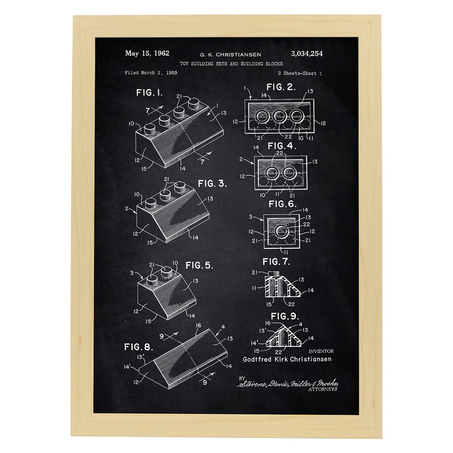 Poster con patente de Lego. Lámina con diseño de patente antigua-Artwork-Nacnic-A3-Marco Madera clara-Nacnic Estudio SL