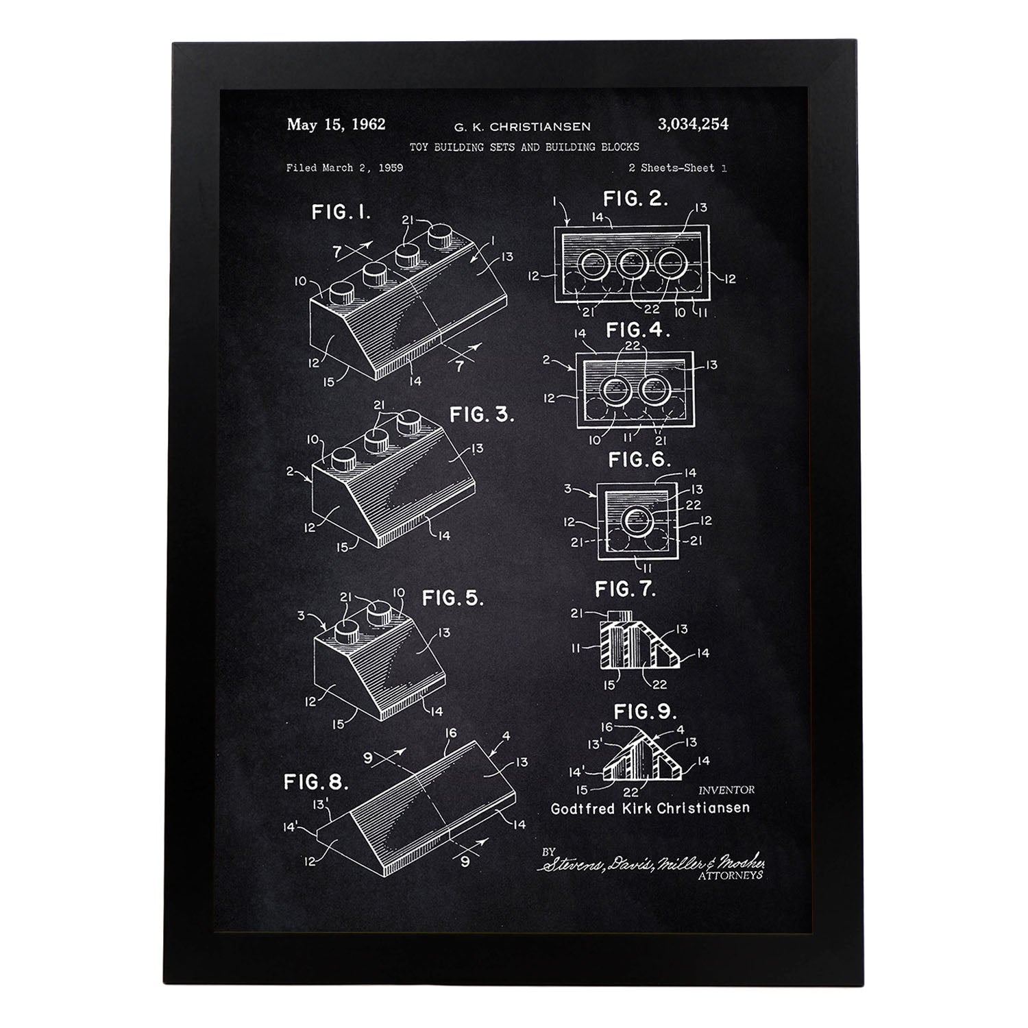 Poster con patente de Lego. Lámina con diseño de patente antigua-Artwork-Nacnic-A4-Marco Negro-Nacnic Estudio SL