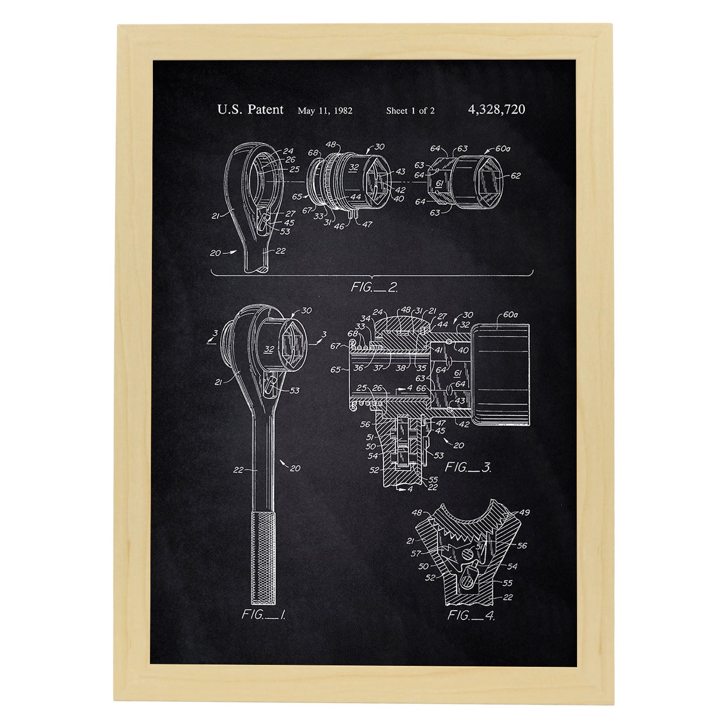 Poster con patente de Llave allen. Lámina con diseño de patente antigua-Artwork-Nacnic-A4-Marco Madera clara-Nacnic Estudio SL