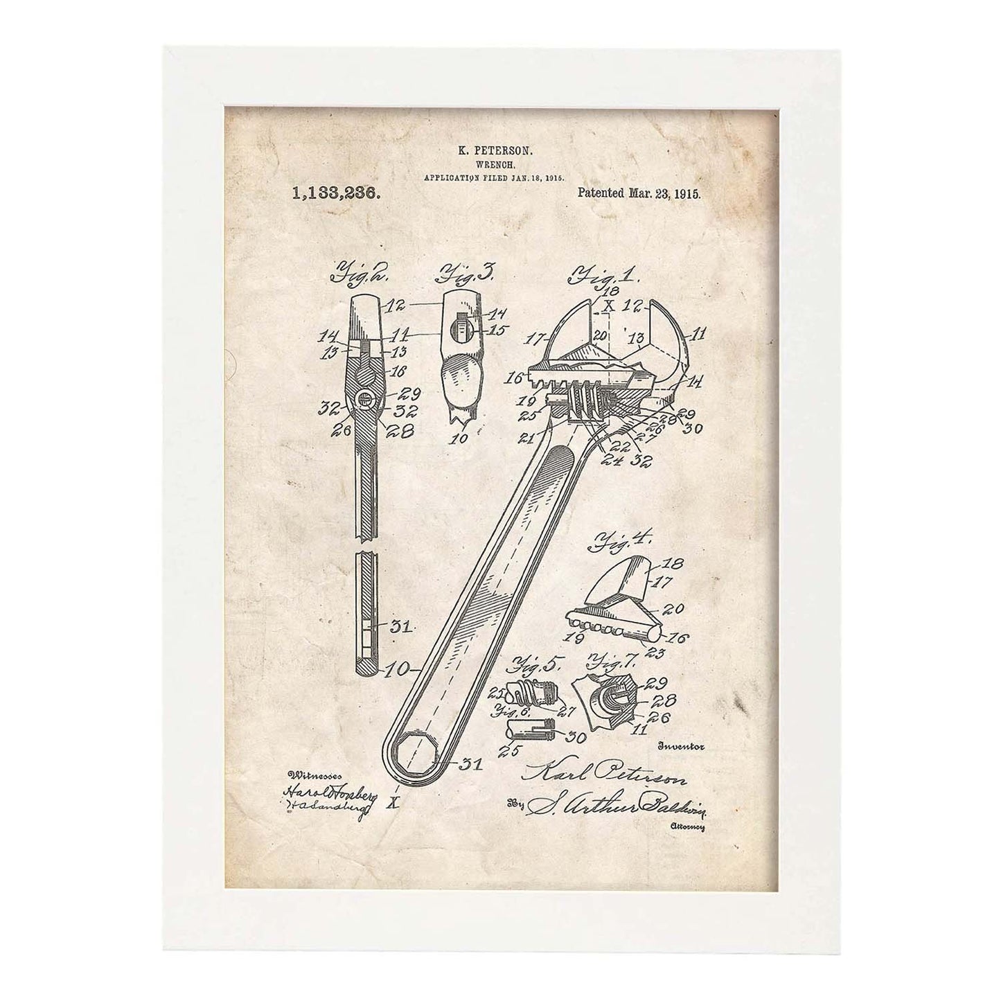 Poster con patente de Llave inglesa 2. Lámina con diseño de patente antigua.-Artwork-Nacnic-A3-Marco Blanco-Nacnic Estudio SL