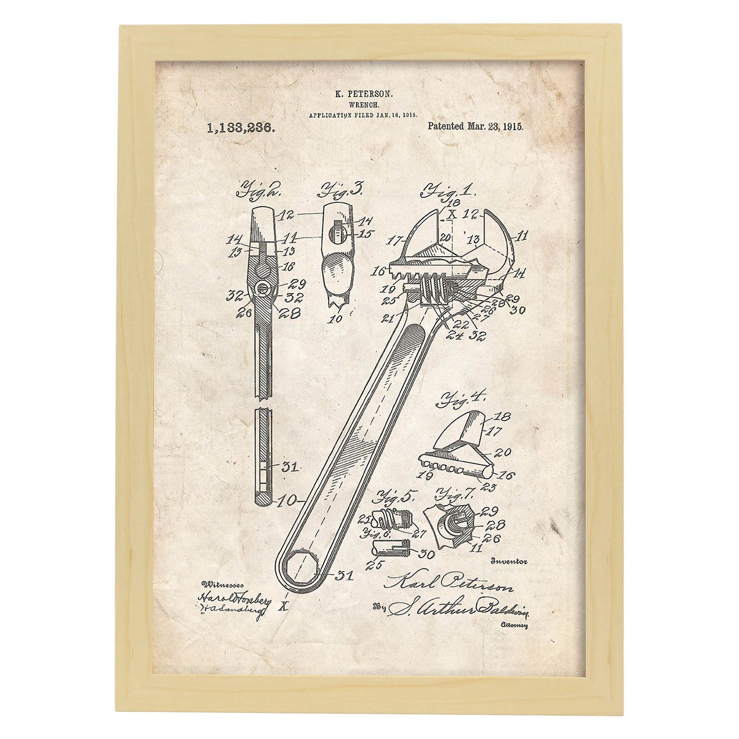 Poster con patente de Llave inglesa 2. Lámina con diseño de patente antigua.-Artwork-Nacnic-A3-Marco Madera clara-Nacnic Estudio SL