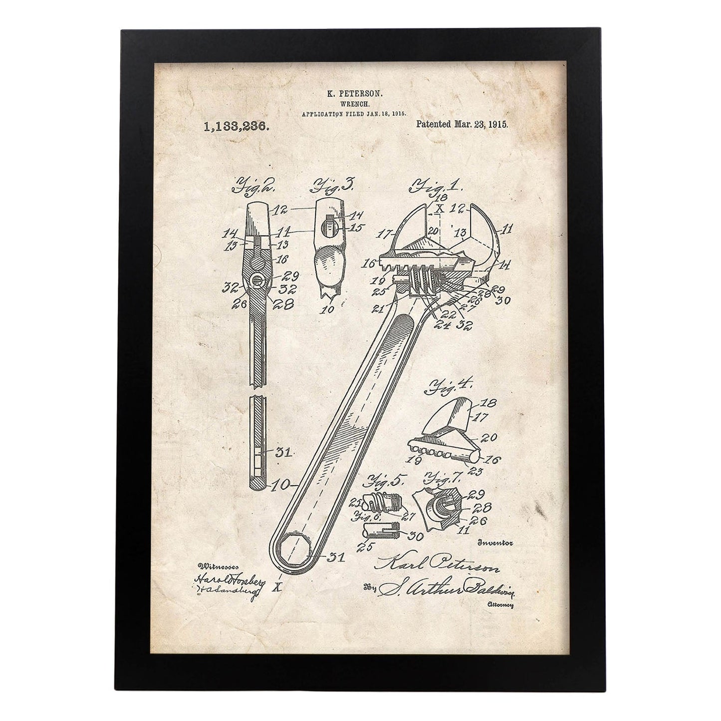 Poster con patente de Llave inglesa 2. Lámina con diseño de patente antigua.-Artwork-Nacnic-A3-Marco Negro-Nacnic Estudio SL