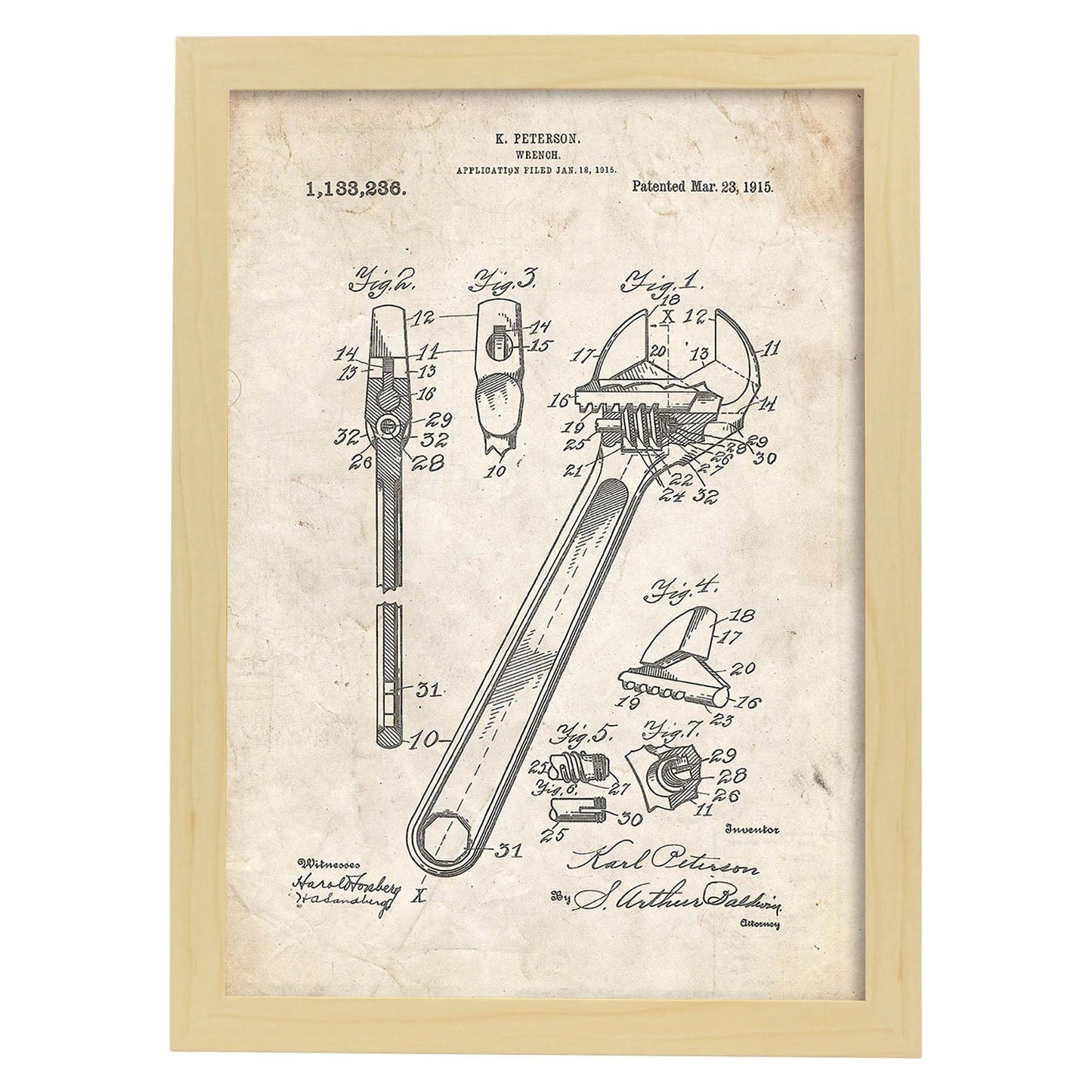 Poster con patente de Llave inglesa 2. Lámina con diseño de patente antigua.-Artwork-Nacnic-A4-Marco Madera clara-Nacnic Estudio SL