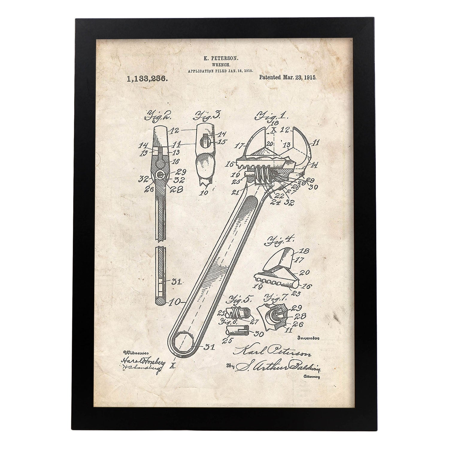 Poster con patente de Llave inglesa 2. Lámina con diseño de patente antigua.-Artwork-Nacnic-A4-Marco Negro-Nacnic Estudio SL