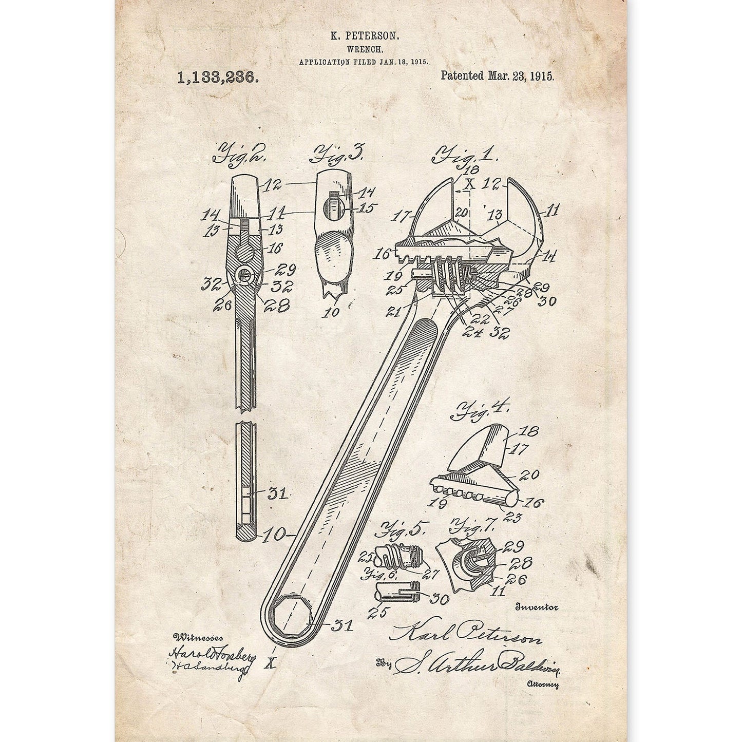 Poster con patente de Llave inglesa 2. Lámina con diseño de patente antigua.-Artwork-Nacnic-A4-Sin marco-Nacnic Estudio SL