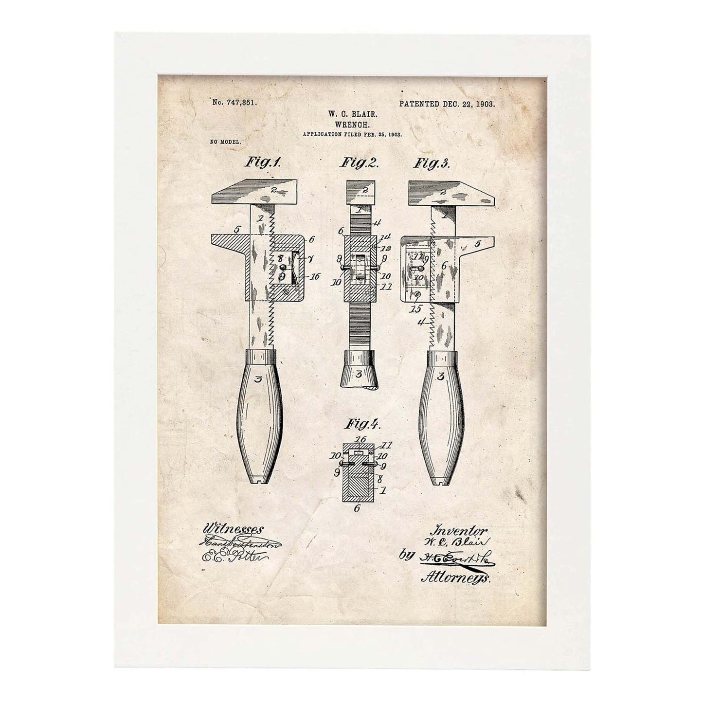 Poster con patente de Llave inglesa 3. Lámina con diseño de patente antigua.-Artwork-Nacnic-A3-Marco Blanco-Nacnic Estudio SL