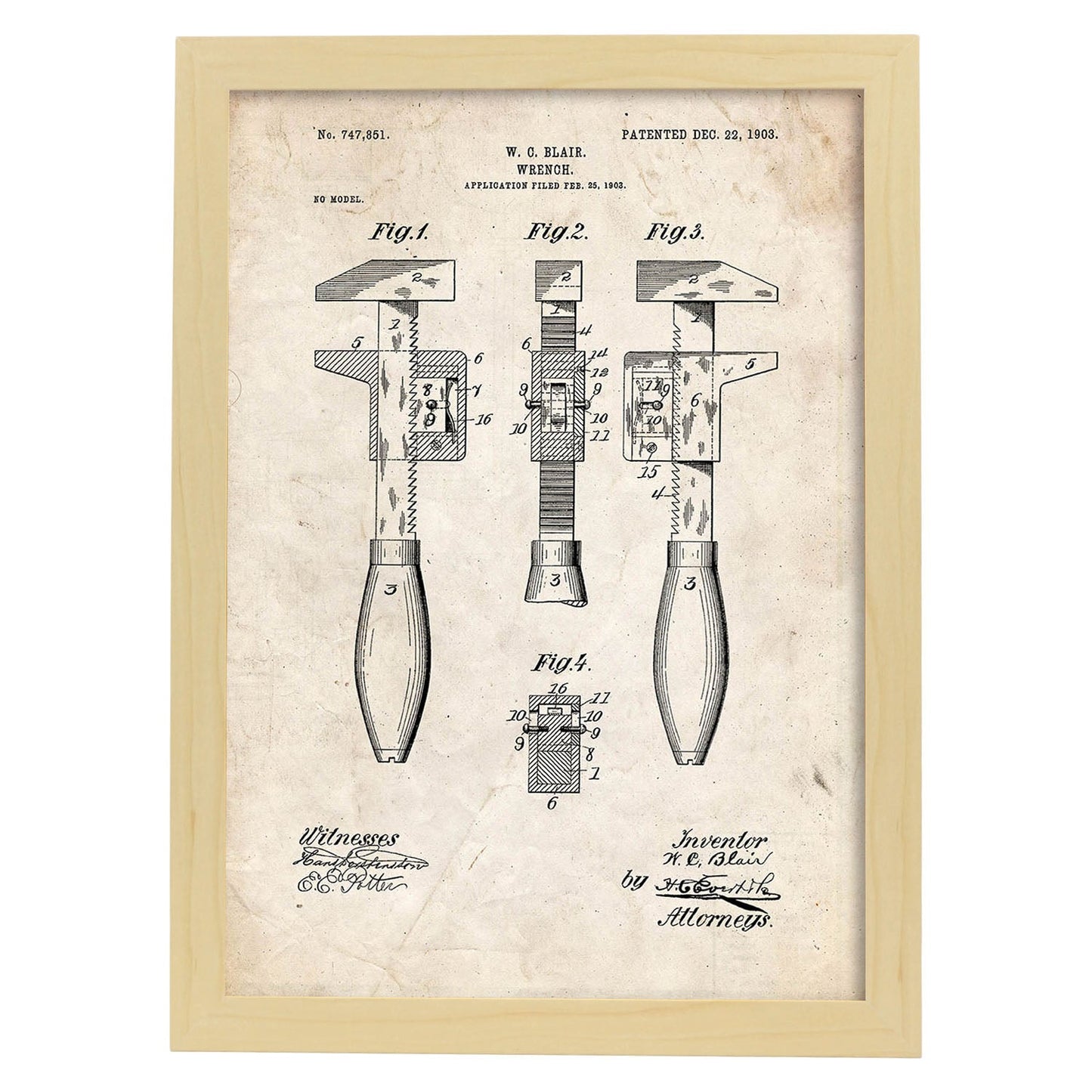 Poster con patente de Llave inglesa 3. Lámina con diseño de patente antigua.-Artwork-Nacnic-A3-Marco Madera clara-Nacnic Estudio SL