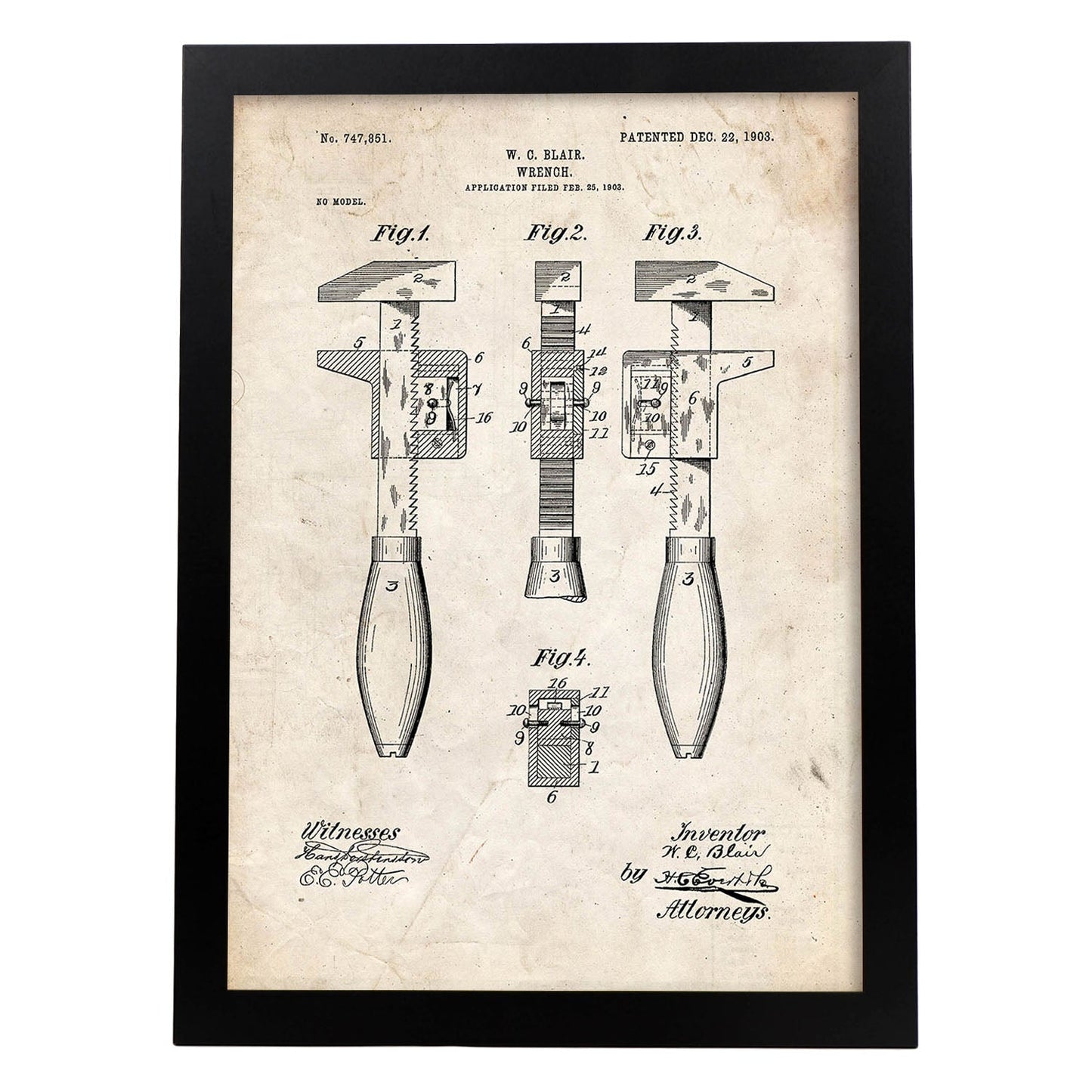 Poster con patente de Llave inglesa 3. Lámina con diseño de patente antigua.-Artwork-Nacnic-A3-Marco Negro-Nacnic Estudio SL