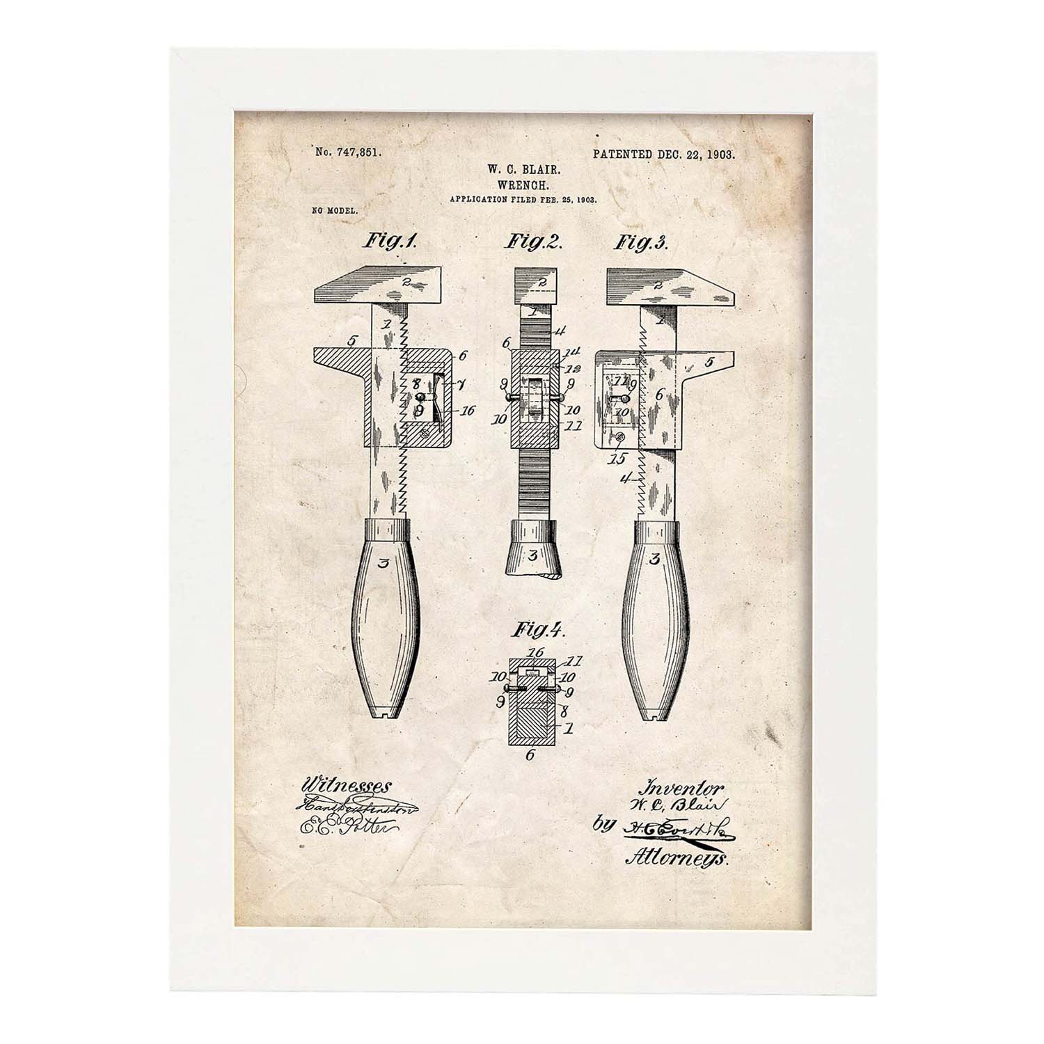 Poster con patente de Llave inglesa 3. Lámina con diseño de patente antigua.-Artwork-Nacnic-A4-Marco Blanco-Nacnic Estudio SL