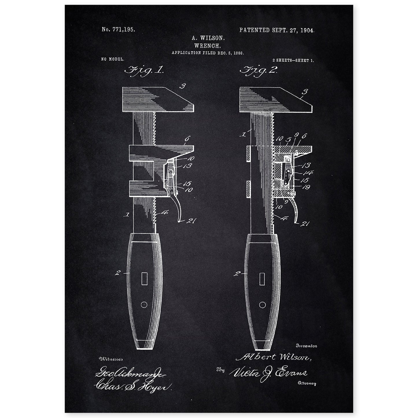 Poster con patente de Llave inglesa. Lámina con diseño de patente antigua-Artwork-Nacnic-A4-Sin marco-Nacnic Estudio SL