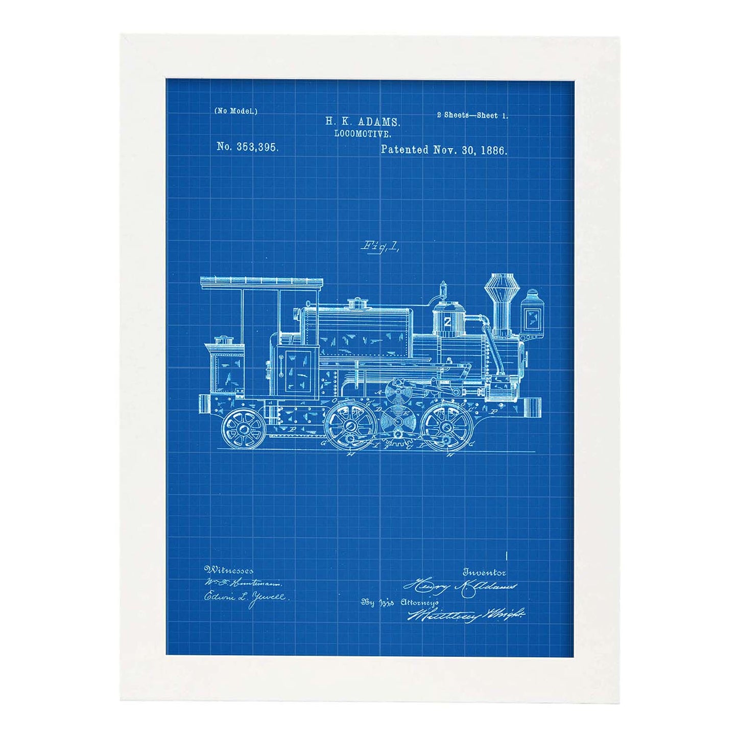 Poster con patente de Locomotora 2. Lámina con diseño de patente antigua-Artwork-Nacnic-A4-Marco Blanco-Nacnic Estudio SL