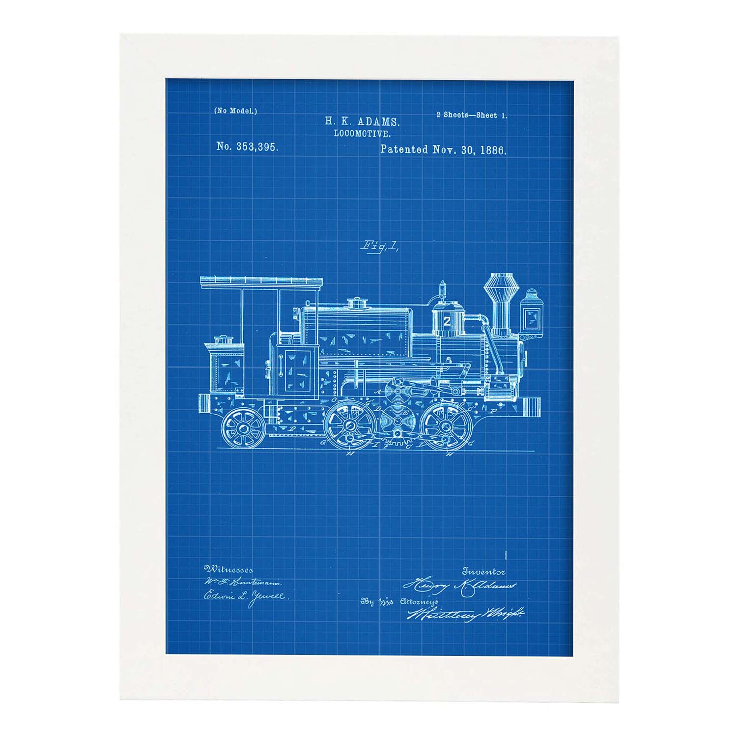 Poster con patente de Locomotora 2. Lámina con diseño de patente antigua-Artwork-Nacnic-A4-Marco Blanco-Nacnic Estudio SL