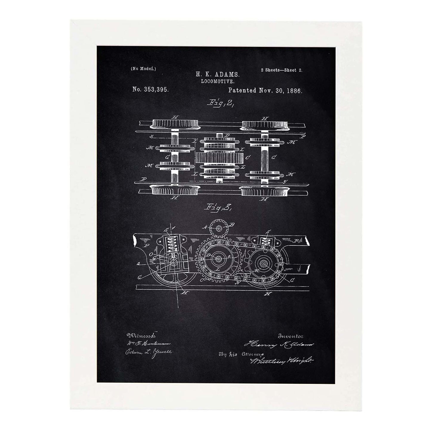Poster con patente de Locomotora 3. Lámina con diseño de patente antigua-Artwork-Nacnic-A3-Marco Blanco-Nacnic Estudio SL
