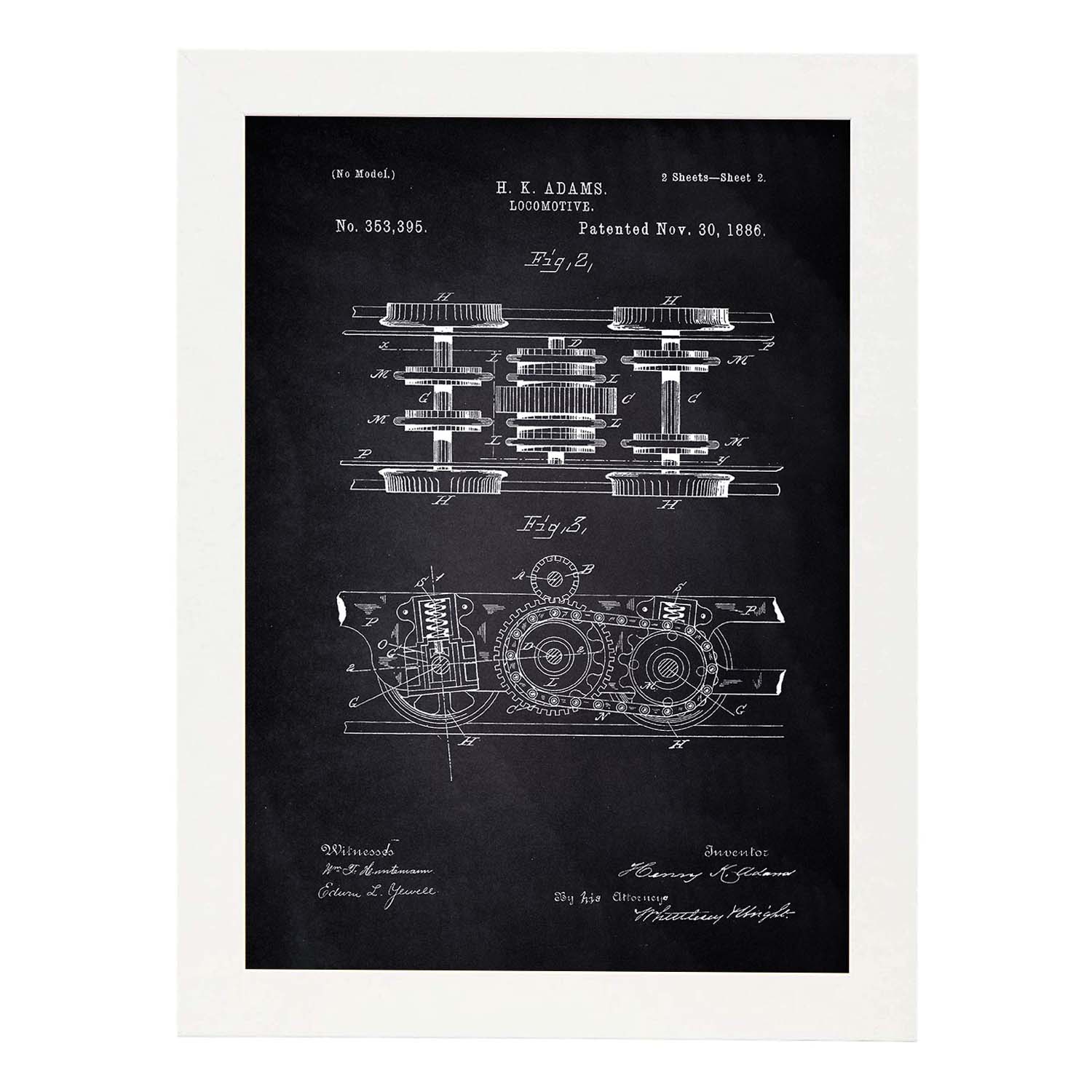 Poster con patente de Locomotora 3. Lámina con diseño de patente antigua-Artwork-Nacnic-A3-Marco Blanco-Nacnic Estudio SL