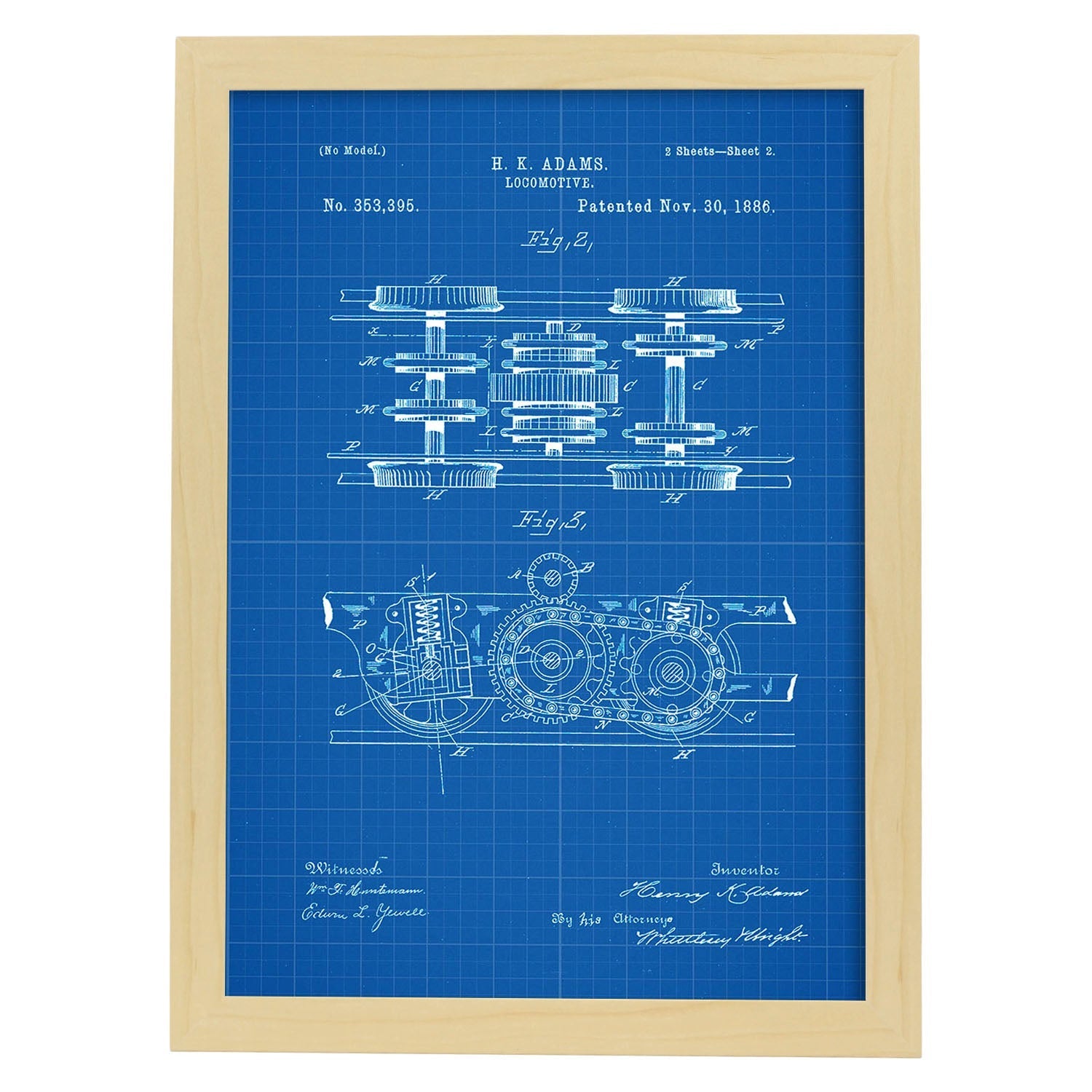 Poster con patente de Locomotora 3. Lámina con diseño de patente antigua-Artwork-Nacnic-A3-Marco Madera clara-Nacnic Estudio SL