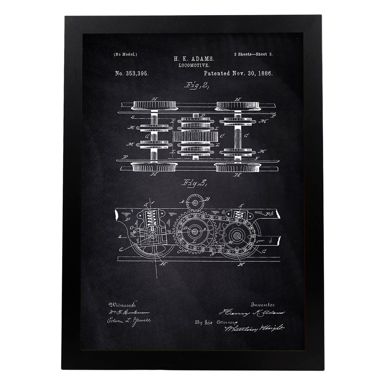 Poster con patente de Locomotora 3. Lámina con diseño de patente antigua-Artwork-Nacnic-A3-Marco Negro-Nacnic Estudio SL