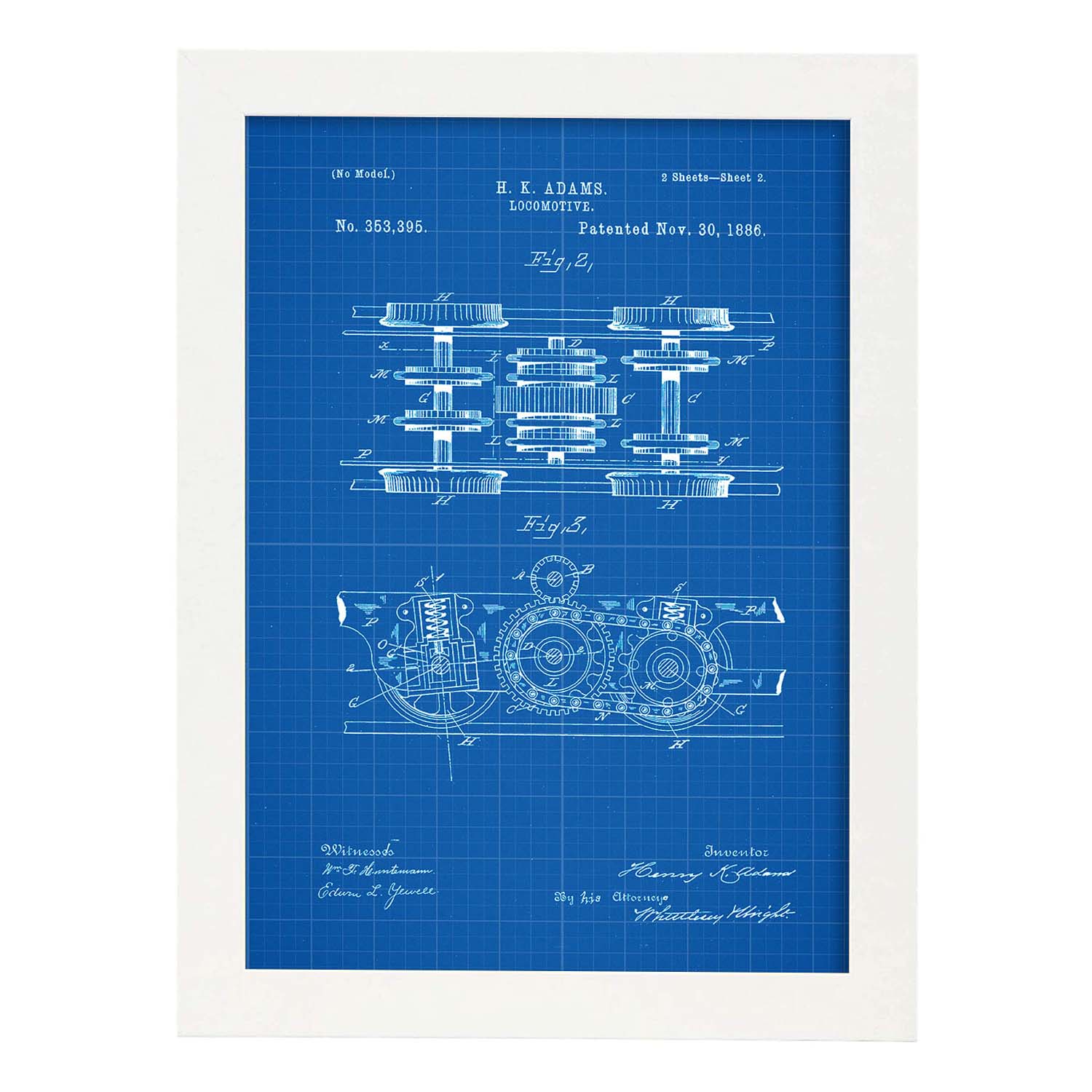 Poster con patente de Locomotora 3. Lámina con diseño de patente antigua-Artwork-Nacnic-A4-Marco Blanco-Nacnic Estudio SL