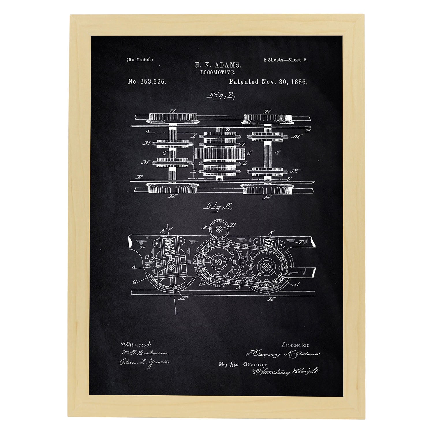 Poster con patente de Locomotora 3. Lámina con diseño de patente antigua-Artwork-Nacnic-A4-Marco Madera clara-Nacnic Estudio SL