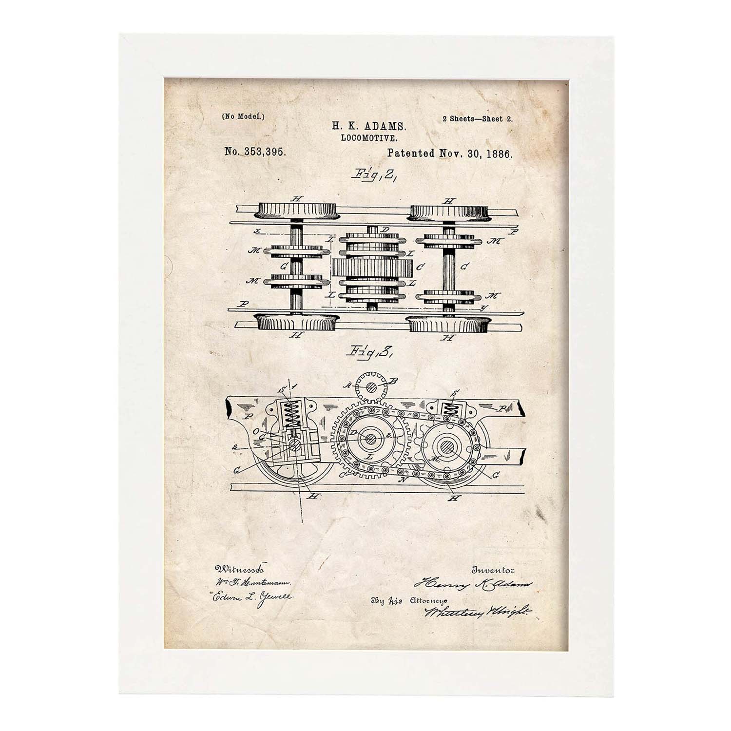 Poster con patente de Locomotora 3. Lámina con diseño de patente antigua.-Artwork-Nacnic-A3-Marco Blanco-Nacnic Estudio SL