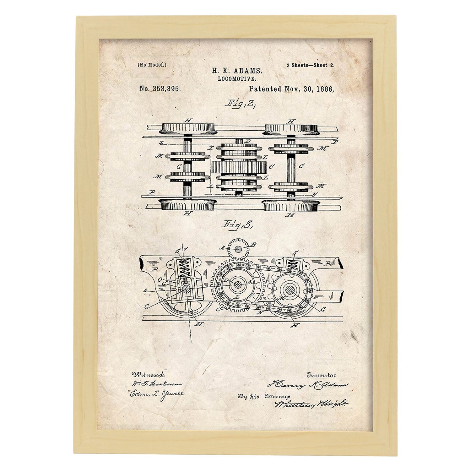 Poster con patente de Locomotora 3. Lámina con diseño de patente antigua.-Artwork-Nacnic-A3-Marco Madera clara-Nacnic Estudio SL