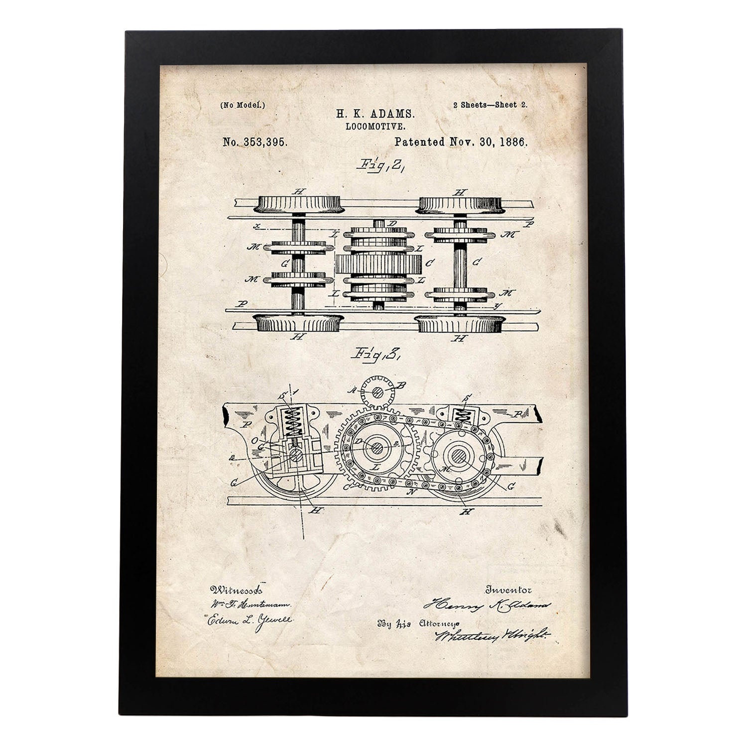 Poster con patente de Locomotora 3. Lámina con diseño de patente antigua.-Artwork-Nacnic-A3-Marco Negro-Nacnic Estudio SL