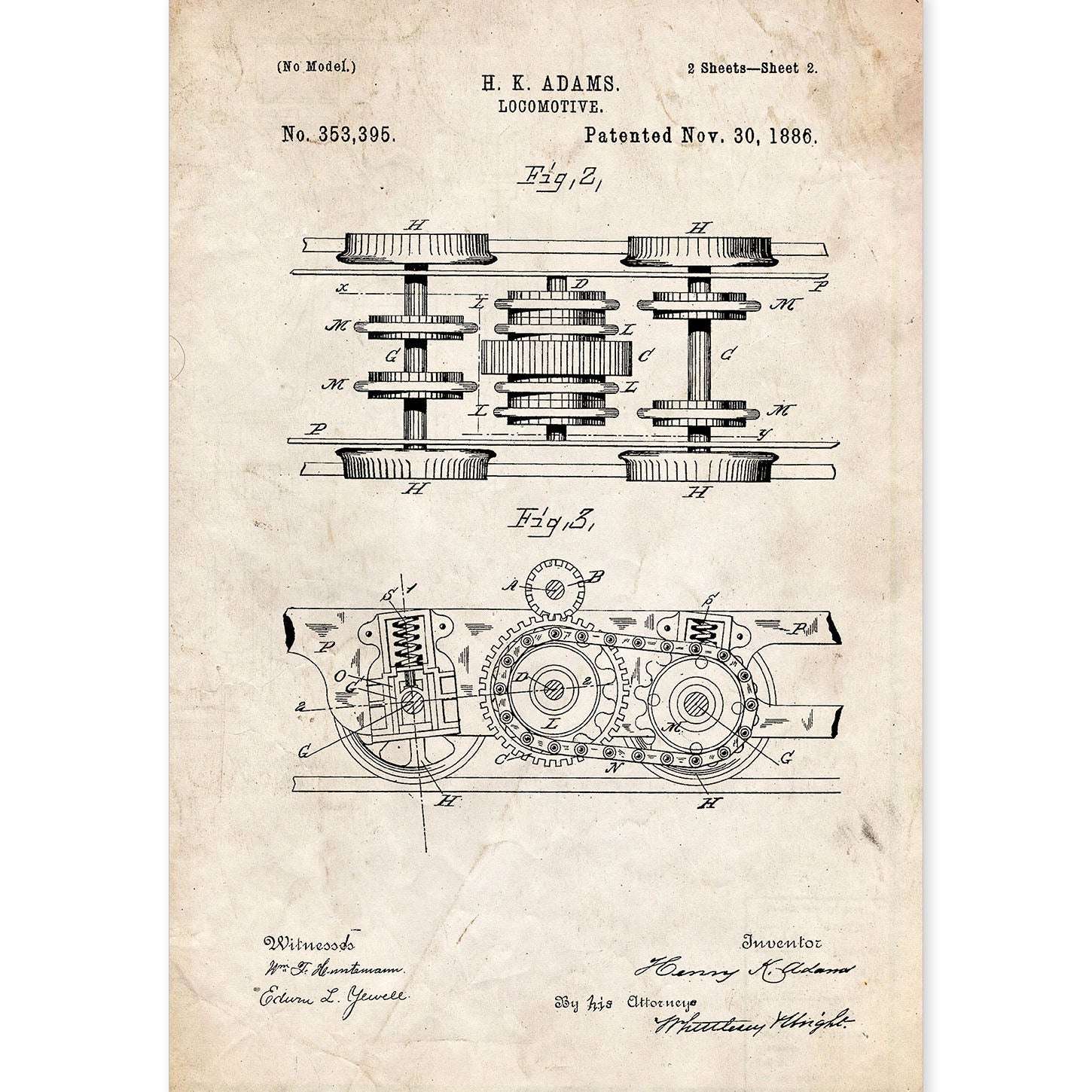 Poster con patente de Locomotora 3. Lámina con diseño de patente antigua.-Artwork-Nacnic-A4-Sin marco-Nacnic Estudio SL