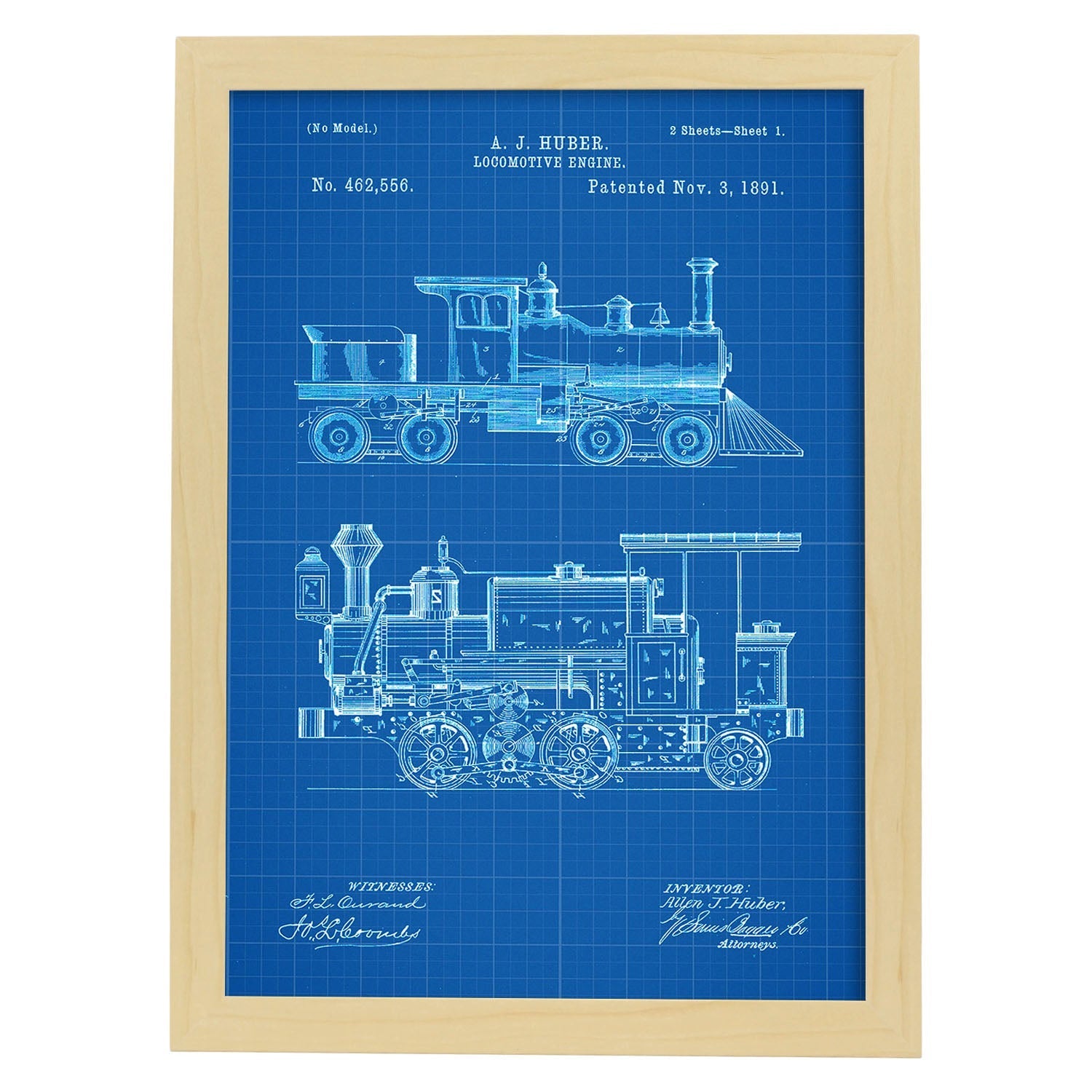Poster con patente de Locomotora. Lámina con diseño de patente antigua-Artwork-Nacnic-A3-Marco Madera clara-Nacnic Estudio SL
