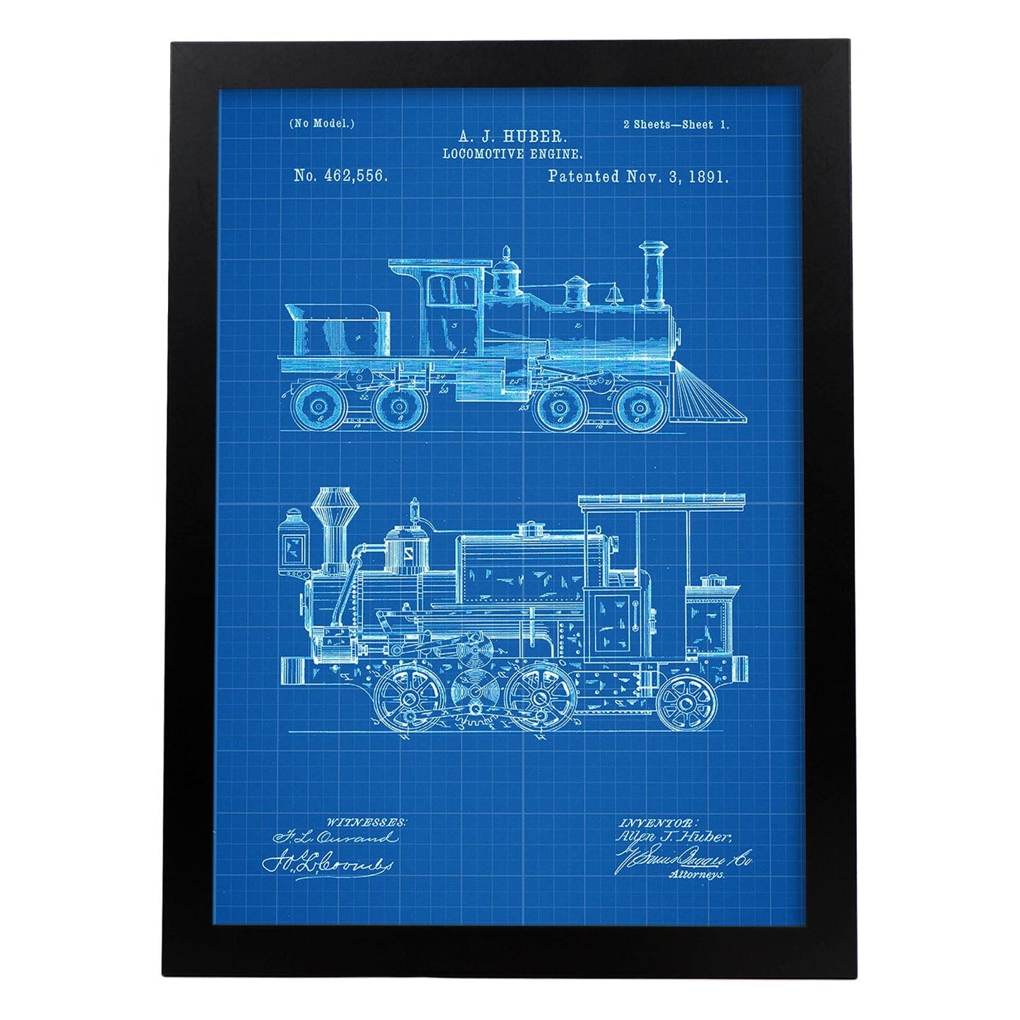 Poster con patente de Locomotora. Lámina con diseño de patente antigua-Artwork-Nacnic-A3-Marco Negro-Nacnic Estudio SL